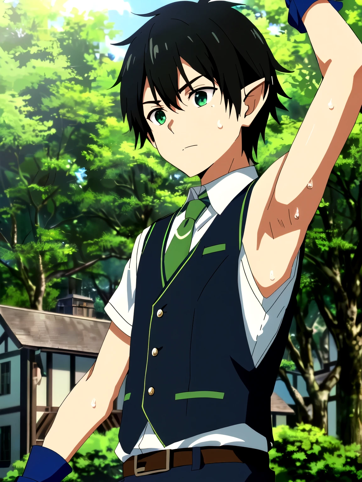 Highres, Masterpiece, Best quality at best,Best Quality,hight quality, hight detailed, 1boy, Boy, Elf boy, Elf ear, Messy hair, Side bangs, Shota, Sweat, Sleeveless vest, Tie, Glove, Depth of field, Anime screencap style, thin line, Seen from the front, Little sweat, forest church, Cute boy, (Showing armpit:1.3), (very small and short stature), (very young boy), 12-year-old boys, Blurry and simple beckground, bokeh, Uhd