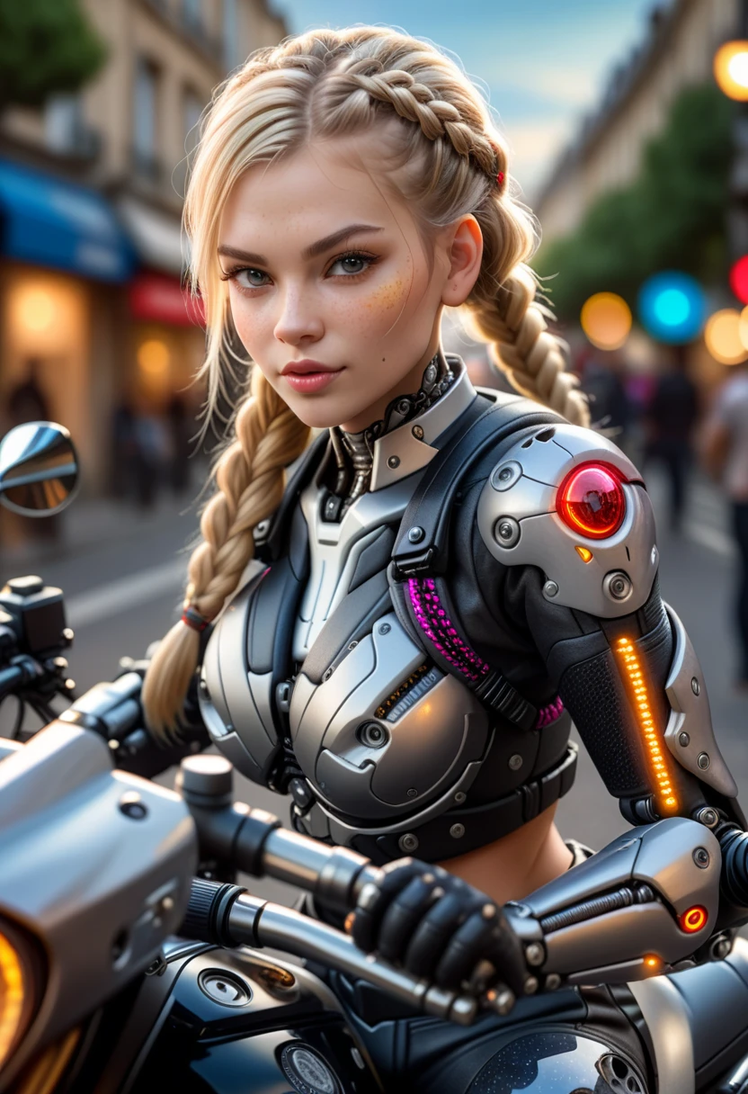 Street, motorcycle, Sexy female cyborg girl riding on motorcycle, french braid, blonde hair, bokeh, f1.4, 40mm, photorealistic, raw, 8k, textured skin, skin pores, intricate details