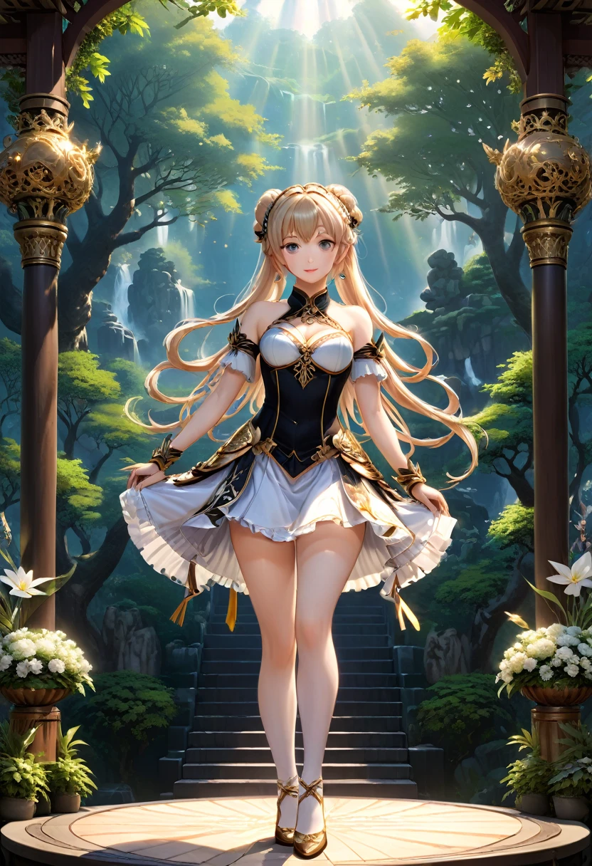(girl, Twin Tails), A girl in the sunshine, wearing a dress and a pair of ponytails, is happily chasing flying butterflies in the bright sunshine. Her smiling face is filled with happiness, and the camera is taken of her whole body. The background is a fresh natural scenery, full body, (Photography, Raw photo), panoramic view, award-winning, cinematic still, emotional, vignette, dynamic, vivid, (masterpiece, best quality, Professional, perfect composition, very aesthetic, absurdres, ultra-detailed, intricate details:1.3)