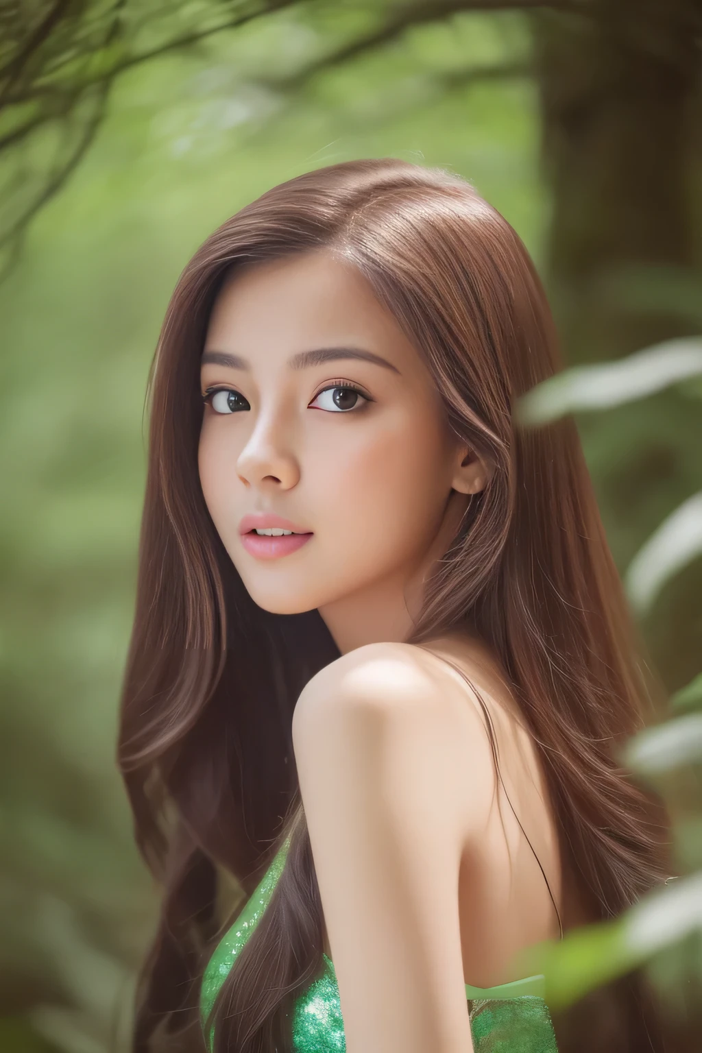 (masterpiece、high resolution)、A beautiful girl lost in the depths of a virgin forest、gravure、Realistic supermodels、double eyelid、Sparkle in the eyes、Beautiful Skin、Beautiful limbs、Mystery、spirituality、Professional photos、