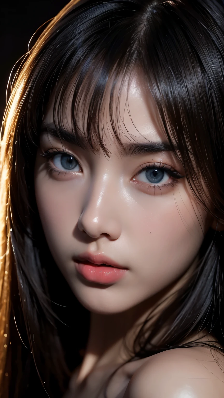 masterpiece, best qualitiy, RAW photos, realisticlying, A high resolution, hyper-detailing, Focus on the face, Detailed eyebrows, realistic beautiful eyes, realistic glossy skin, straight Bangs, realistic movie lighting, detail shaded, high contrast, Slender, Sexy face, Facial expressions when receiving pleasure, ((Dark background)),