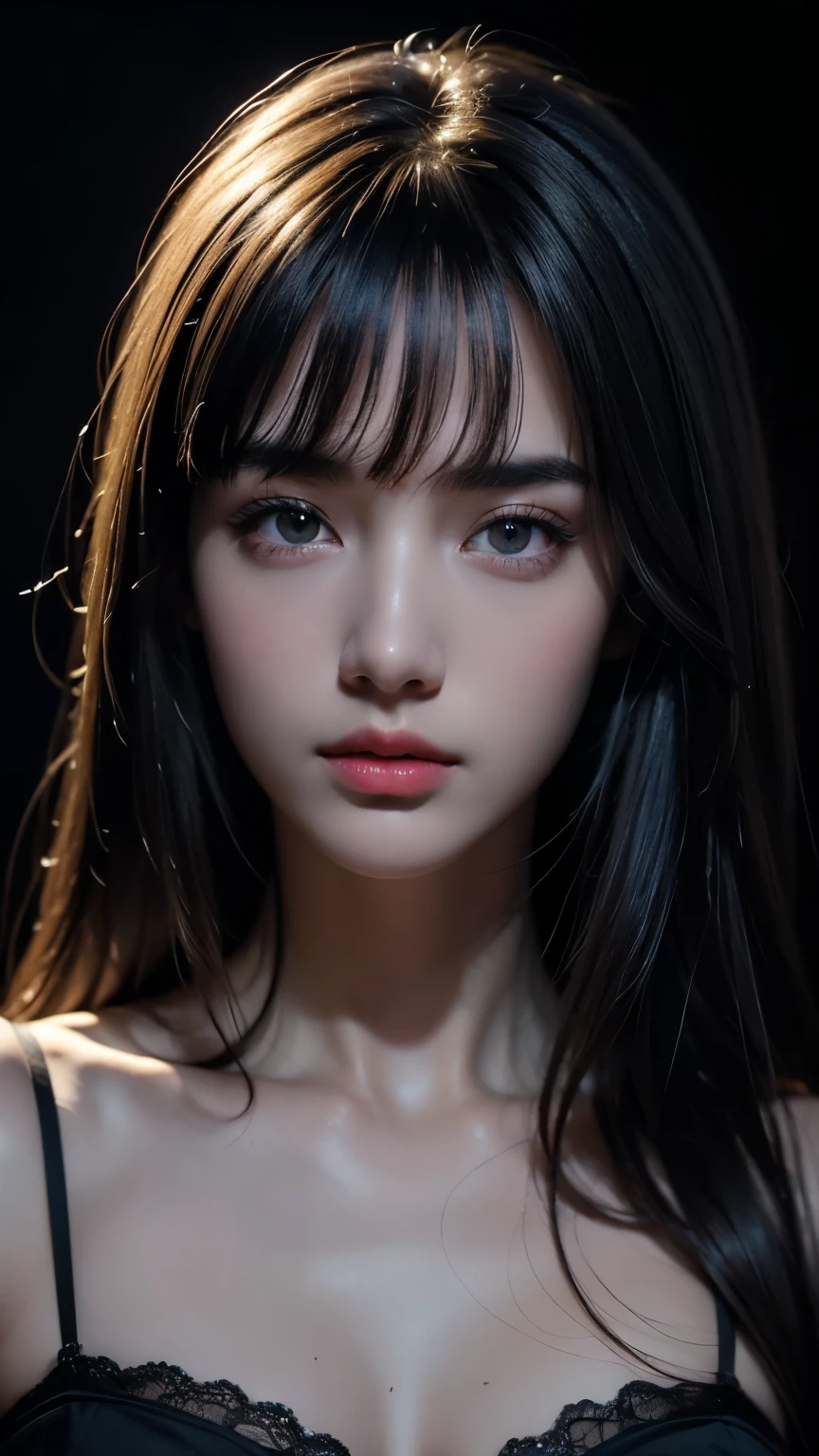 masterpiece, best qualitiy, RAW photos, realisticlying, A high resolution, hyper-detailing, Focus on the face, Detailed eyebrows, realistic beautiful eyes, realistic glossy skin, straight Bangs, realistic movie lighting, detail shaded, high contrast, Slender, Sexy face, Facial expressions when receiving pleasure, ((Dark background)),