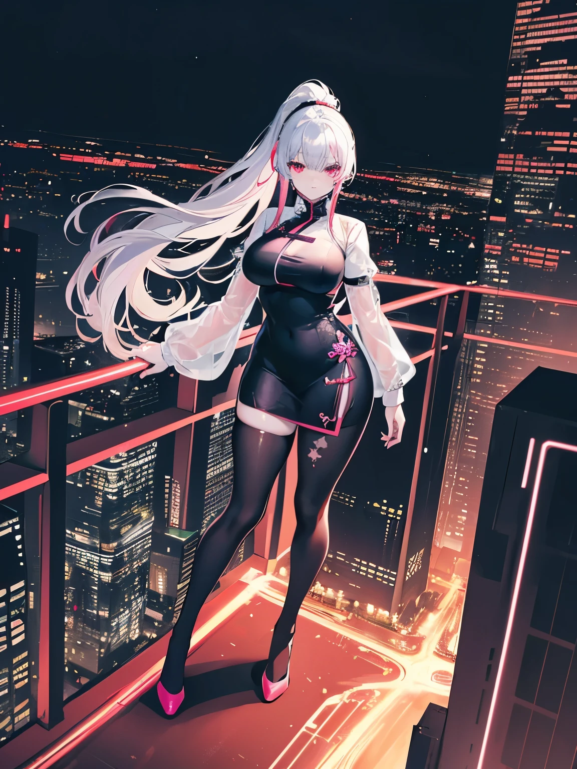 anime, (artwork, best quality, ultra-detailed, high contrast), 1 woman (Alone, full body, plus size body, standing on the edge of the skyscraper, silver hair, LONG In a ponytail, red eyes, perfect eyes ruby sparkles, (simple black qipao, black cybernetics with neon pink), transparent black socks), (skyscraper roof, overlooking a city, detailed background ((night time, Darkness, low light pollution)))