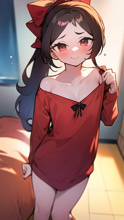 Adulta, Cabello negro ondulado, mirada penetrante con ojos profundos de color rojo, estatura promedio, Silky hair with a ponytail hairstyle collected with a red bow with two white lines, tiene pechos grandes, primer plano, Session, standing in the middle of his room [[[[pervertida]]] , Sonrojada, transparent lingerie, NSFW, showing the chichis to the camera, muslos grandes 