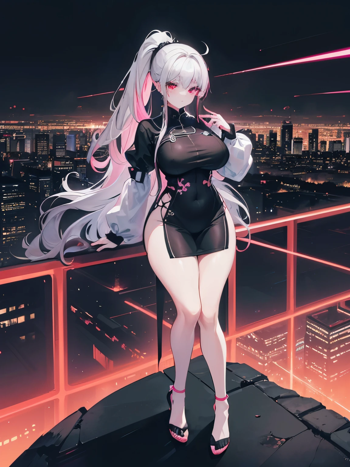 anime, (artwork, best quality, ultra-detailed, high contrast), 1 woman brasilian (Alone, full body, plus size body, standing on the edge of the skyscraper, silver hair, LONG In a ponytail, red eyes, perfect eyes ruby sparkles, (simple black qipao, black cybernetics with neon pink), transparent black socks), (skyscraper roof, overlooking a city, detailed background ((night time, Darkness, low light pollution)))