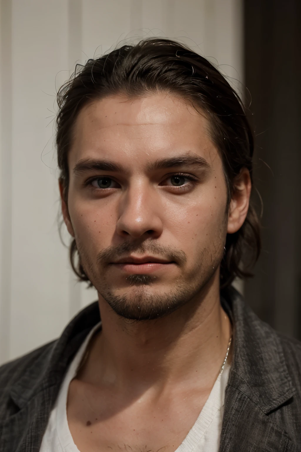 Make a realistic photo of a man. Make him ugly!  He has a patchy beard and he is nearly bald. His hair is dark and his eyes are green. 