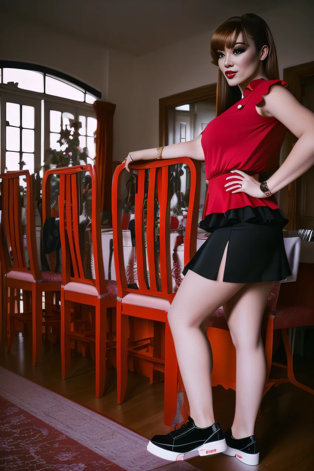 there is a woman standing on a chair in a room, side shot, side pose, in red and black, full body wide shot, miniskirt, full length view, wearing red shorts, wearing honey - themed miniskirt, beautiful short skirt, short skirt, outfit photo, wearing skirt, view from the back, sitting on a table, full body length shot