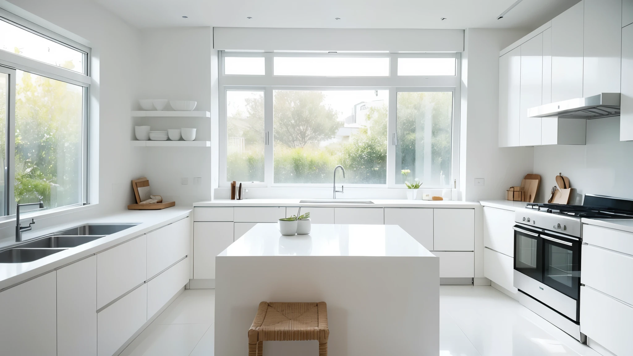 A serene, minimalist white modern kitchen, bathed in warm sunlight streaming in through the large windows, creates a relaxing and peaceful atmosphere. The clean white surfaces are adorned with some carefully selected light-toned decorations, adding depth and personality to the space. Strategically positioned appliances enrich the environment and contribute to the overall feeling of harmony and simplicity