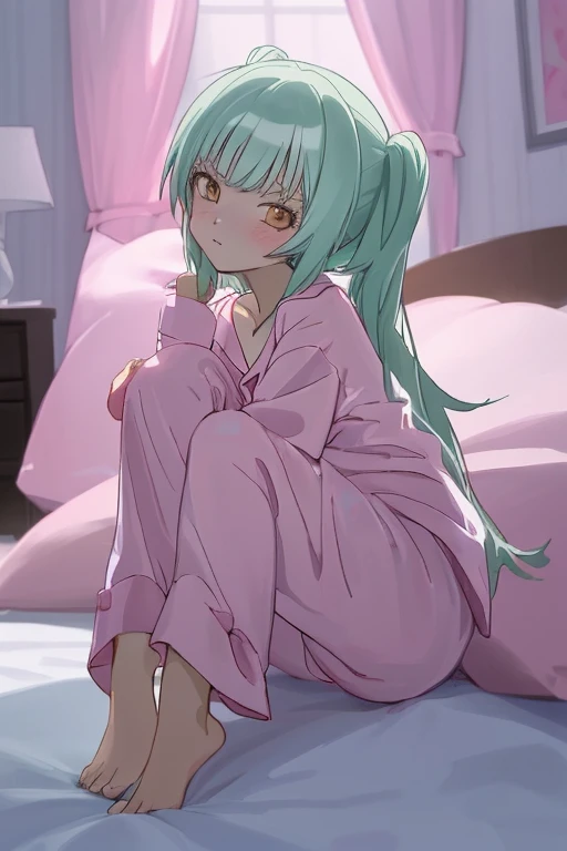 Crea una imagen de una chica en pijama satin anime y en ataduras