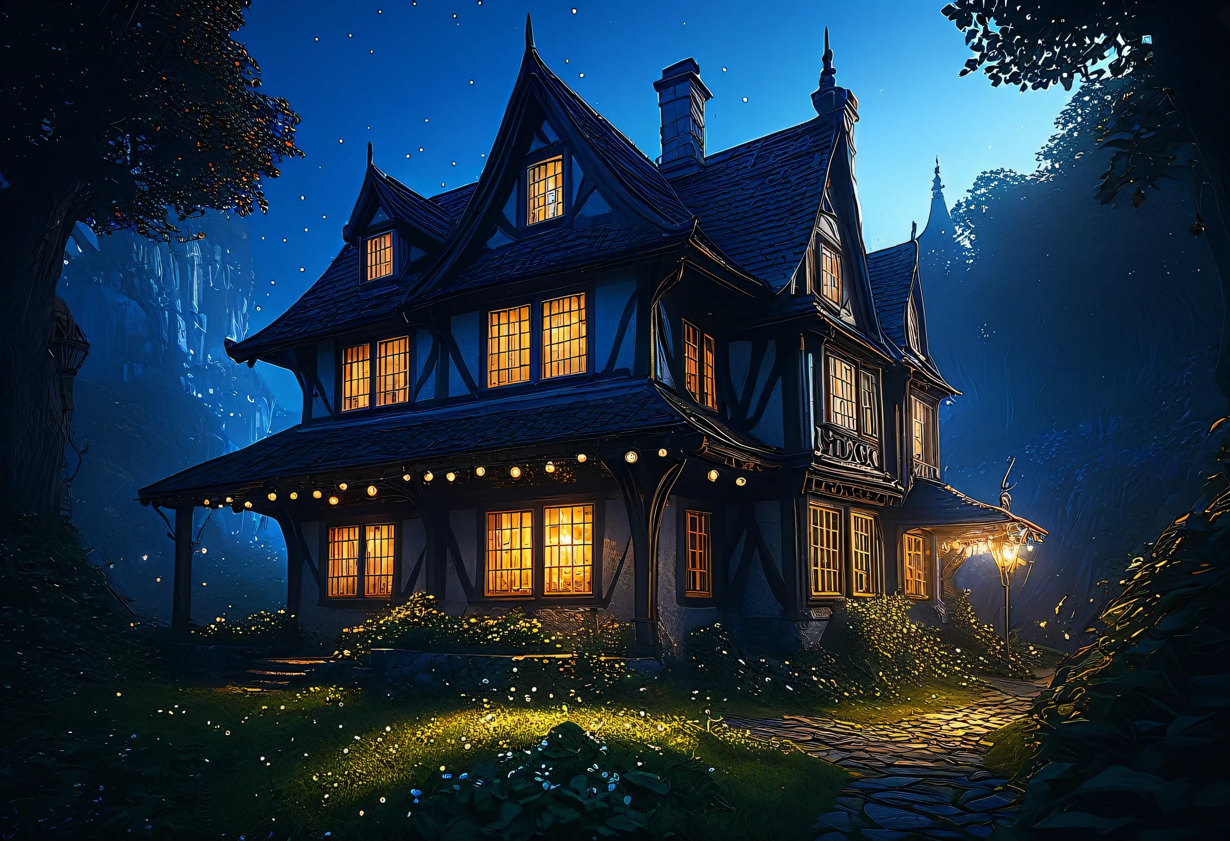 There is a house with many windows and lights on., Beautiful depiction of a fairy tale, realistic Fantasy Rendering, A pleasant and enchanting scene, Andreas Rocha Style, fantasy house, Inspired by Andreas Rocha, Fantasy Rendering, Detailed fantasy digital art, Photorealistic Dark Concept Art, Lighting with a fantastic atmosphere, Highly detailed digital art in 4K, highly detailed fantasy art, Magical Environment