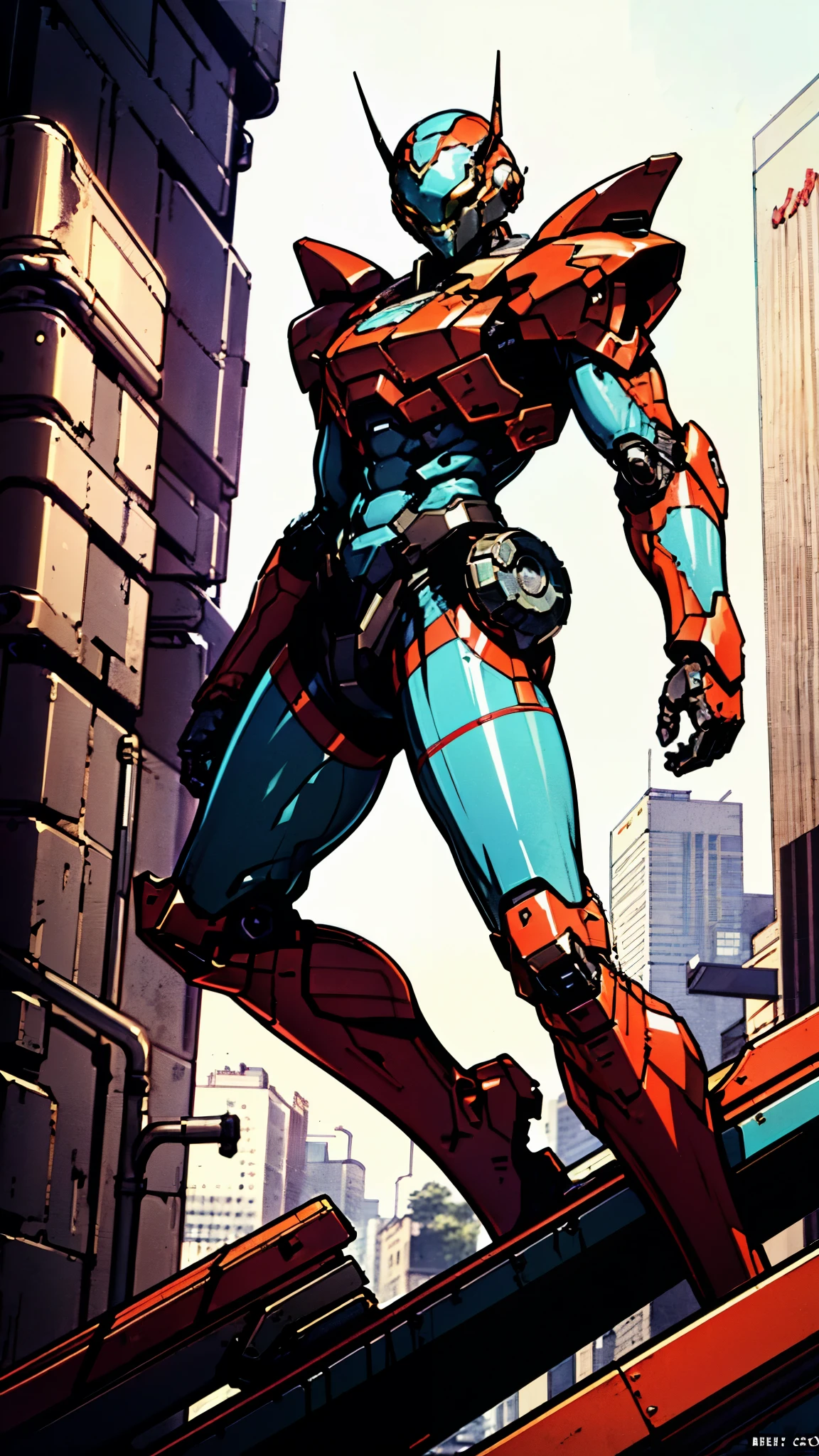 A man wearing a full-face helmet, a fantasy-style biotech armored combat suit, green eyes, (a composite layered chest armor), fully enclosed shoulder guards, matching arm and leg guards, the belt is adorned with Beetle-shaped gem, (the color scheme is primarily black with red accents), the design balances heavy with agility, a high-tech bio-mecha armor, (Dynastinae concept Armor, stand on the top of a skyscraper in a futuristic sci-fi city), this character embodies a finely crafted fantasy-surreal style armored hero in anime style, exquisite and mature manga art style, (element, plasma, energy, the armor glows), ((male:1.5)), metallic, real texture material, dramatic, high definition, best quality, highres, ultra-detailed, ultra-fine painting, extremely delicate, professional, perfect body proportions, golden ratio, anatomically correct, symmetrical face, extremely detailed eyes and face, high quality eyes, creativity, RAW photo, UHD, 32k, Natural light, cinematic lighting, masterpiece-anatomy-perfect, masterpiece:1.5