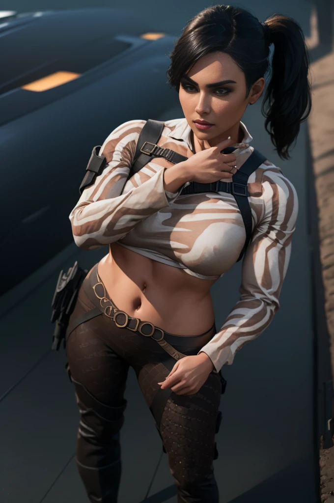 (full body portrait, 1 girl, looking at viewer, highly detailed, anatomy correct:1.4), tactical gear, coffee knee boots, (athletic body:1.3), coffee leggings, jewelry, black hair, ponytail hair, ski mask, (perfect face and hands:1.4), ((Best quality, masterpiece, Very beautiful woman)), Depth-of-field, Multi-layered textures, HDR (High Dynamic Range), Ray Tracing, NVIDIA RTX, Unreal 5, Subsurface scattering, PBR Texturing, Post-processing, Anisotropic Filtering, Maximum clarity and sharpness, Wide aperture, Low ISO, White balance, Rule of thirds, 8K RAW, (extremely slutty), (Highly realistic skin), sharp image, (extremely high quality artwork),