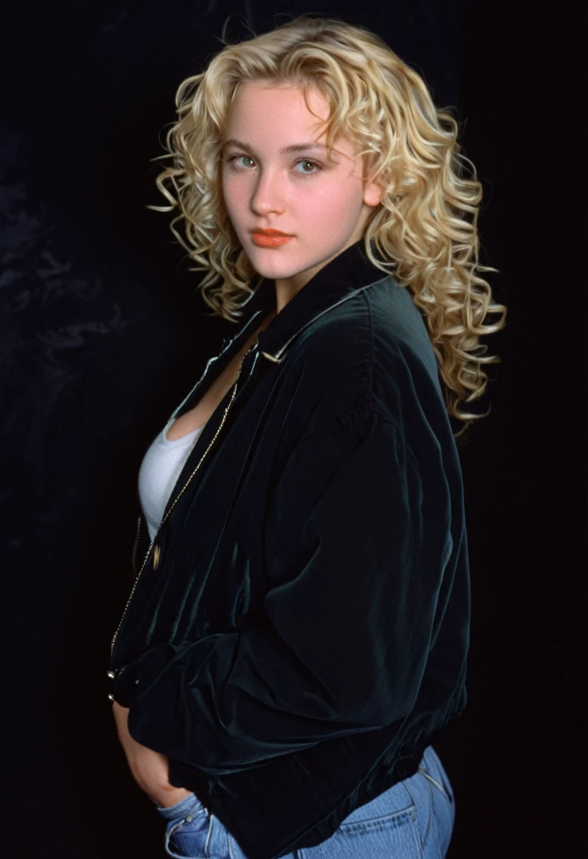 1996 clothing style, twenty year old woman, blonde wavy hair, blank black background, 90s clothing, 1990s, studio portrait, designer clothing, jacket, busty, vixen