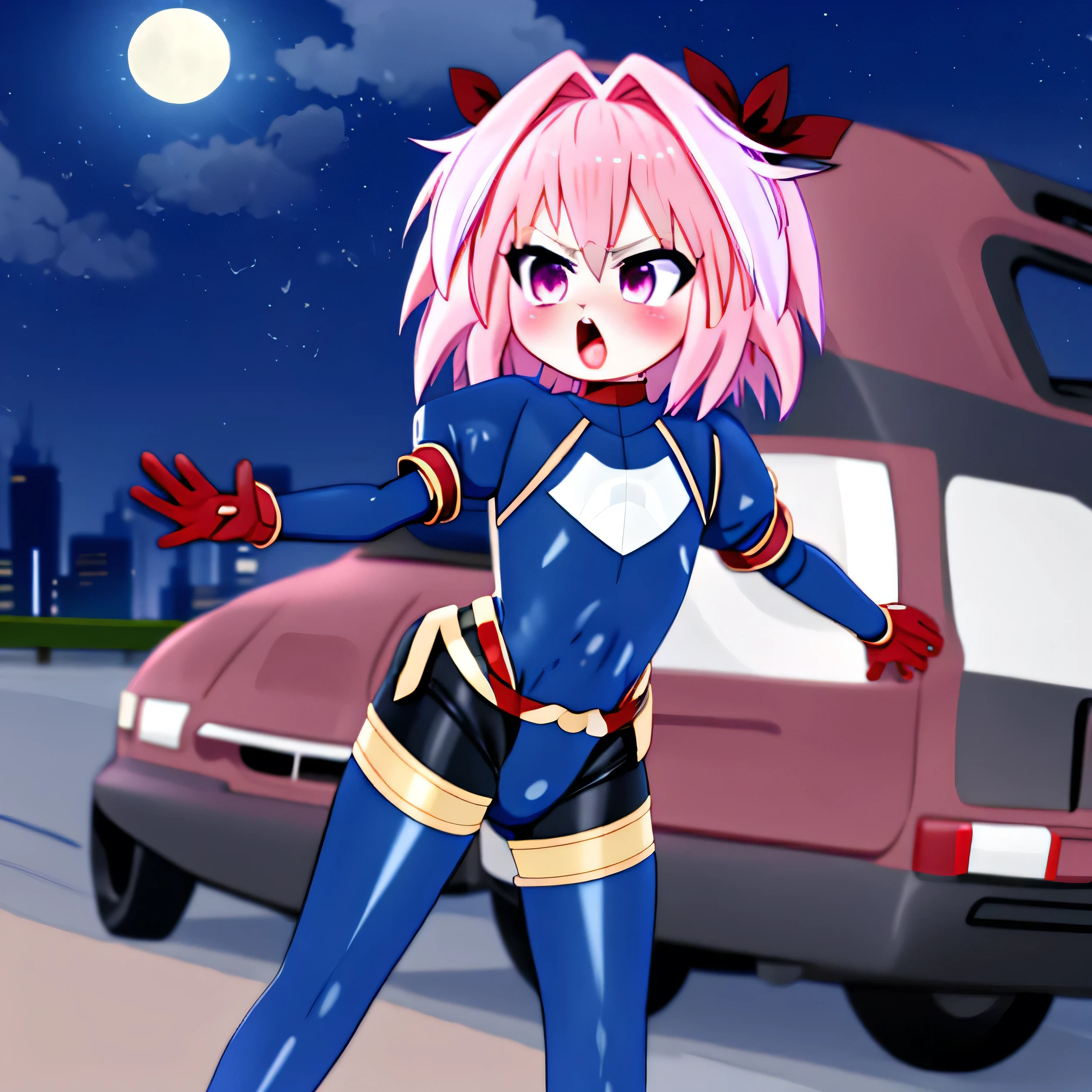 By mantis-x, Astolfo Saber, femboy , superman outfit, stomach bulge, orgasm expression, stealth sex, anal, flat chest, young, blush, night, moon, standing on the car, big city on the background 