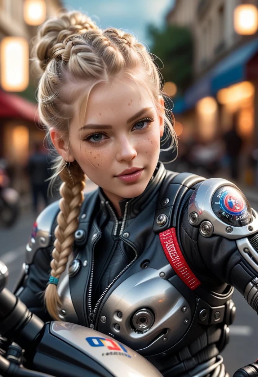 Street, motorcycle, Sexy female cyborg girl riding on motorcycle, french braid, blonde hair, bokeh, f1.4, 40mm, photorealistic, raw, 8k, textured skin, skin pores, intricate details