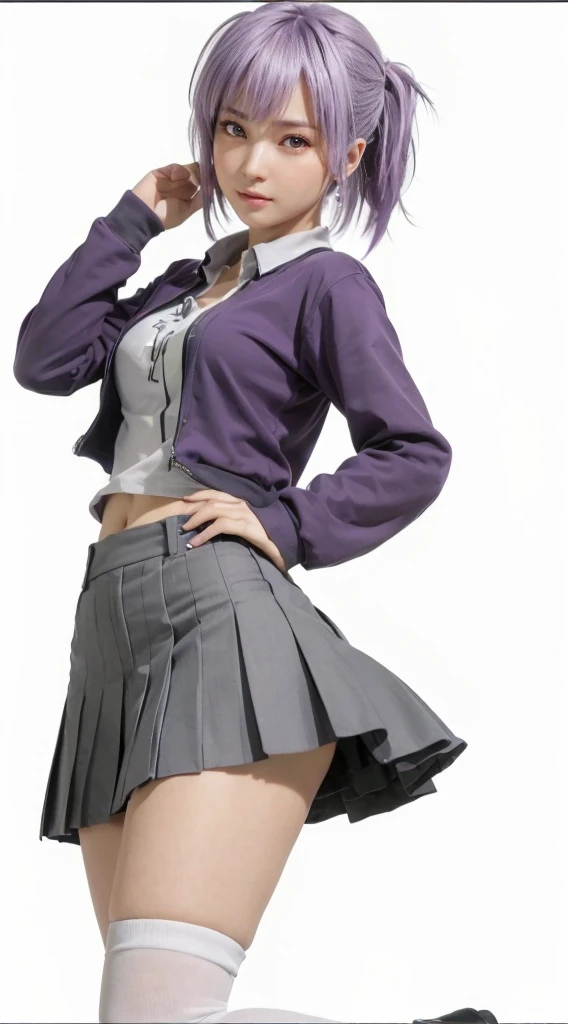 AYANE, purple hair, (melhor qualidade,ultra-detalhado,Realista:1.37), lindo rosto detalhado,Simetria perfeita,corpo perfeitamente modelado,Maquiagem perfeita,cores vivas,studio lighting