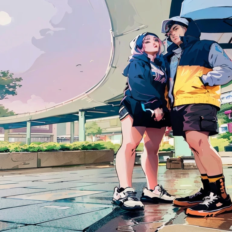 there are two people standing under an umbrella on a rainy day, artwork in the style of guweiz, urban girl fanart, anime style 4 k, anime style. 8k, 4 k manga wallpaper, loish and ross tran, lofi artstyle, anime style illustration, inspired by Liam Wong, modern anime style, in anime style, anime style mixed with fujifilm