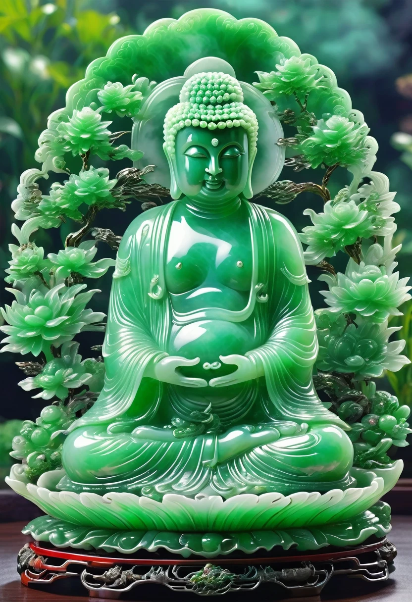 best quality, very good, 16K, ridiculous, Extremely detailed, Gorgeous transparent jadeite Buddha, Background grassland（（A masterpiece full of fantasy elements）））， （（best quality））， （（Intricate details））（8k）