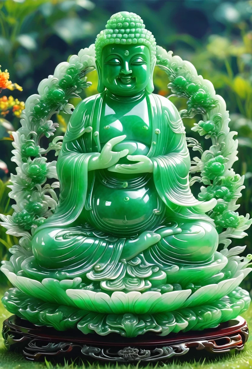 best quality, very good, 16K, ridiculous, Extremely detailed, Gorgeous transparent jadeite Buddha, Background grassland（（A masterpiece full of fantasy elements）））， （（best quality））， （（Intricate details））（8k）