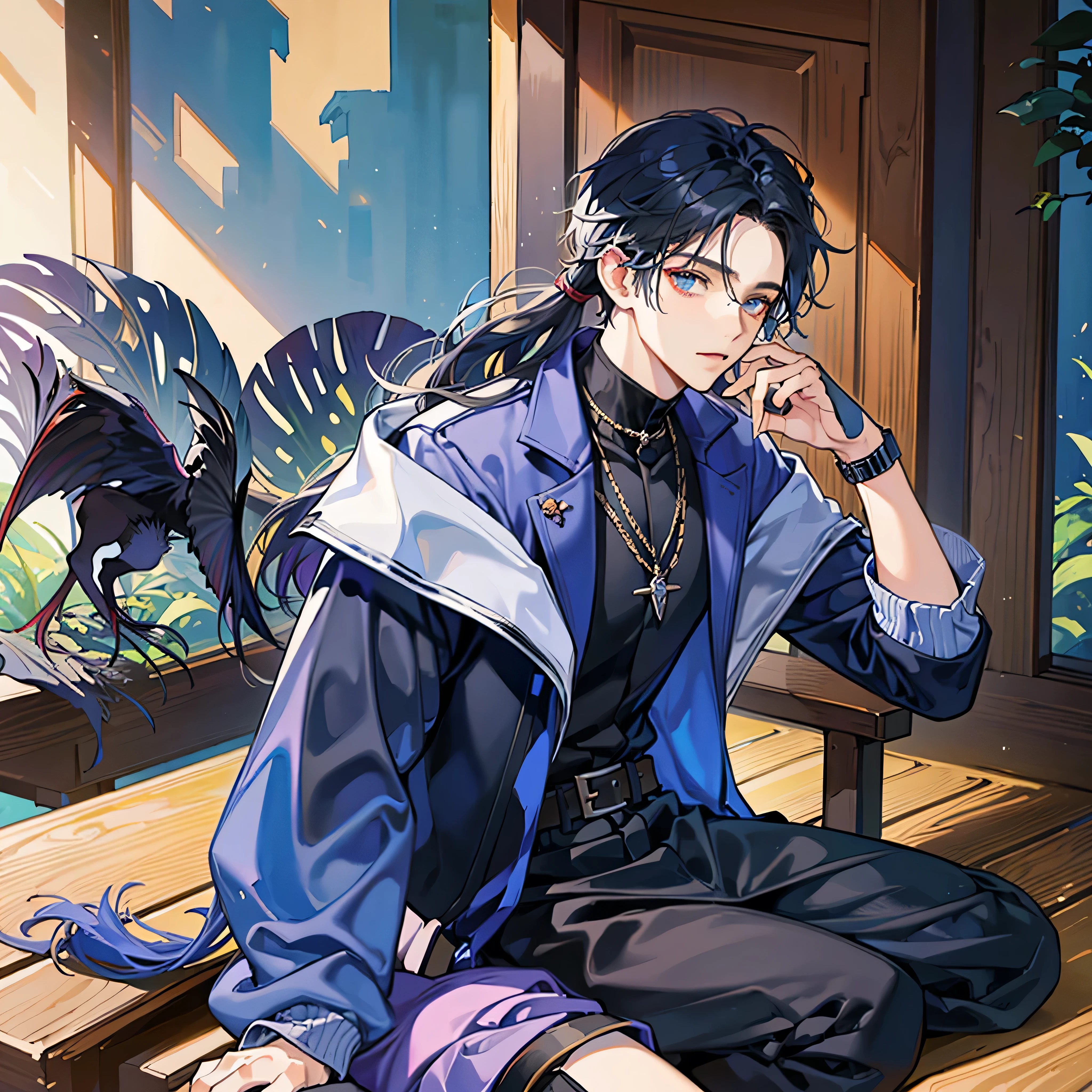 1 laki laki sedang berdiri sambil menghisap sebatang rokok
Rambutnya panjang comma hair berwarna ash blue, memakai jaket panjang warna dominan hitam semua beserta celana dan sepatu, dan di pergelangan tangannya memakai gelang berwarna hitam juga