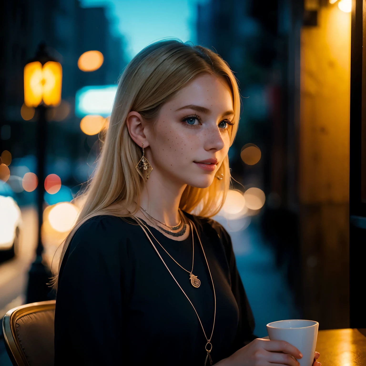 mulher, americana, 25 anos, pale skin and freckles, olhos cinzas, nariz delicado, soft and delicate lips, longo, cabelo blondie longo e ondulado na altura da cintura, sorriso meigo, face with delicate feminine facial features, altamente renderizado
