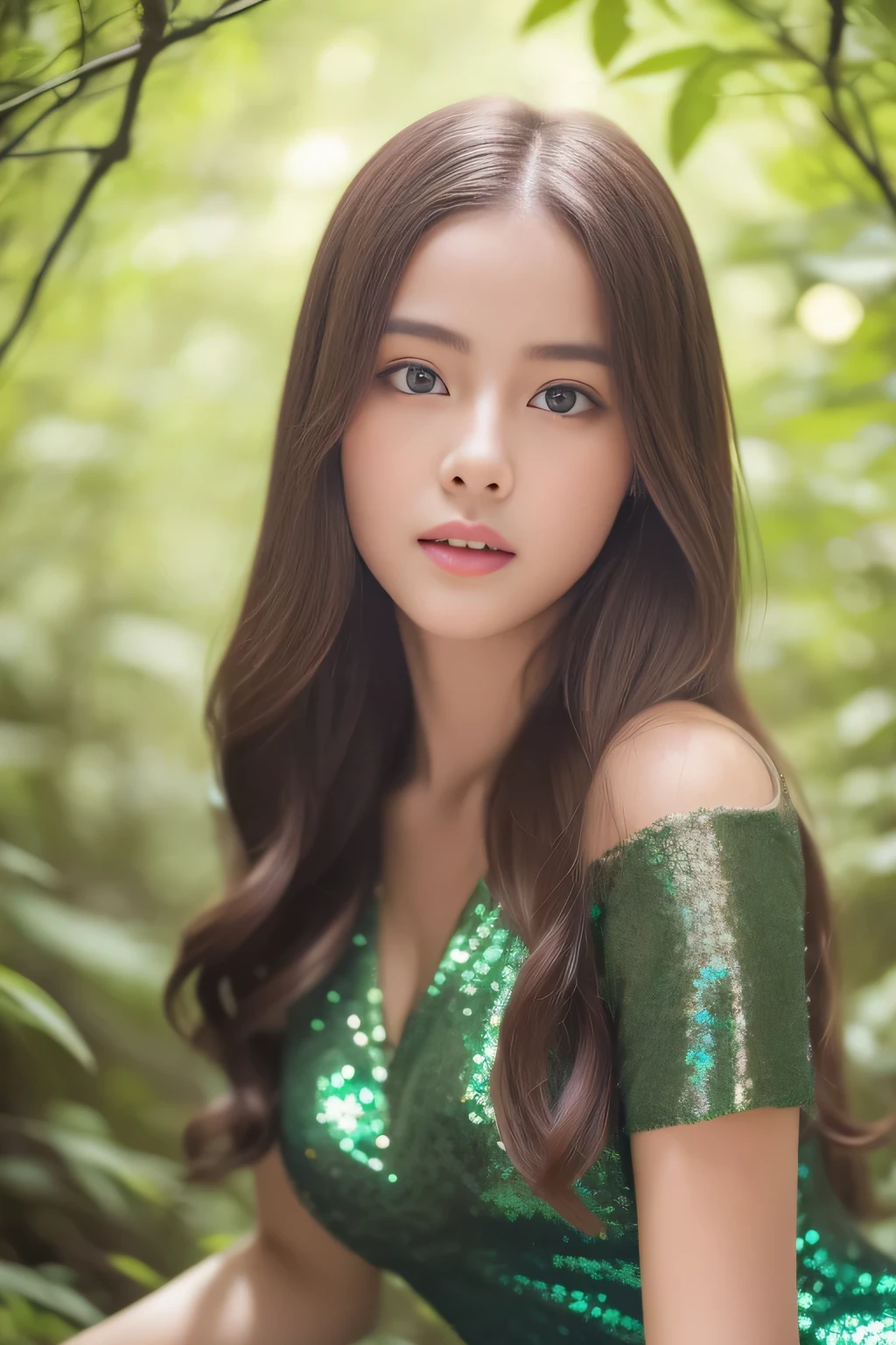 (masterpiece、high resolution、high quality)、A beautiful girl lost in the depths of a virgin forest:1.2、gravure、Realistic supermodels、double eyelid、Sparkle in the eyes、Beautiful Skin、Beautiful limbs、drop、Mystery、spirituality、Professional photos、