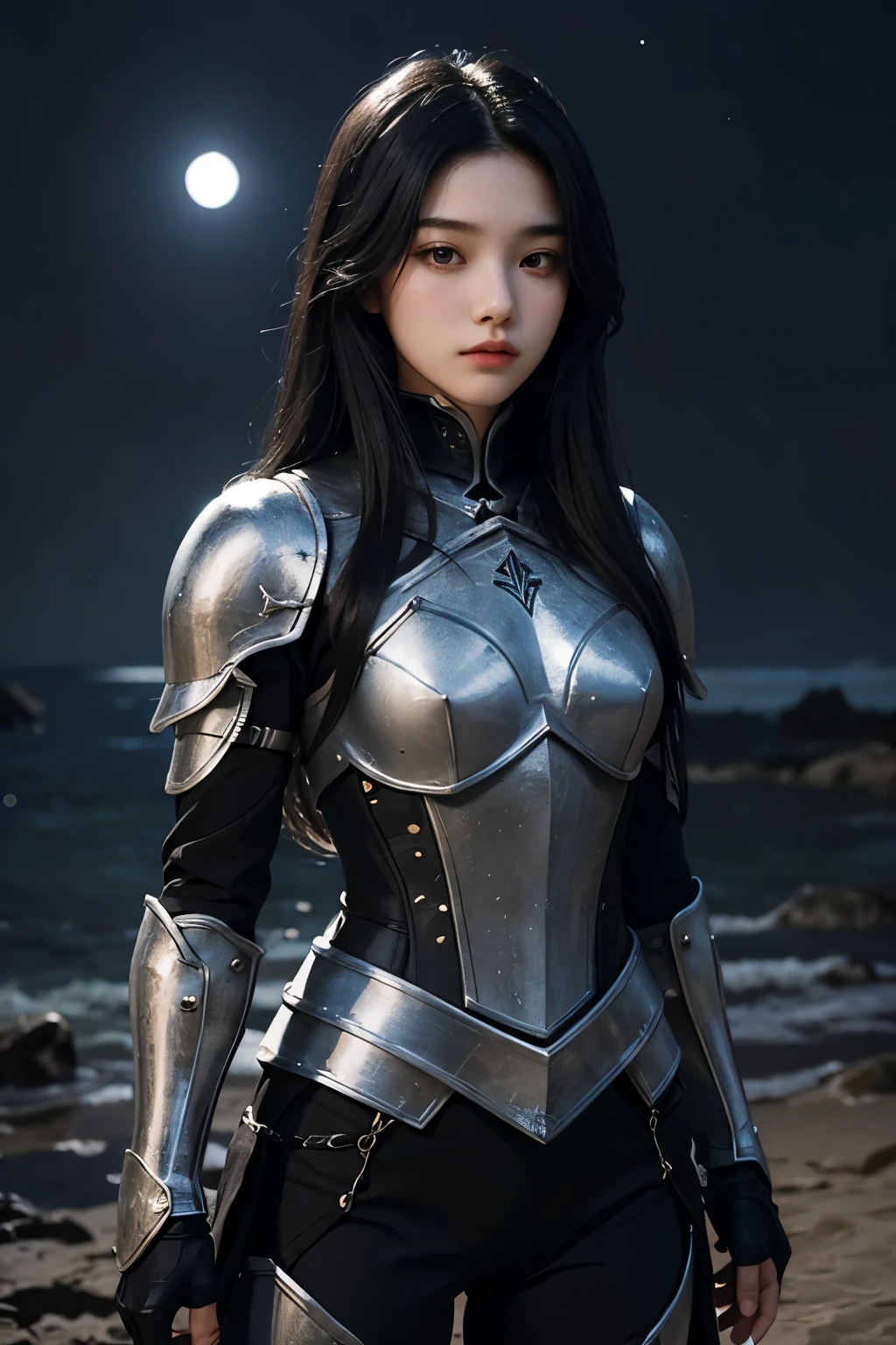 A beautiful woman who is pretty and kind. Black hair. -year-olhe sts in the moonlight wearing black armor.