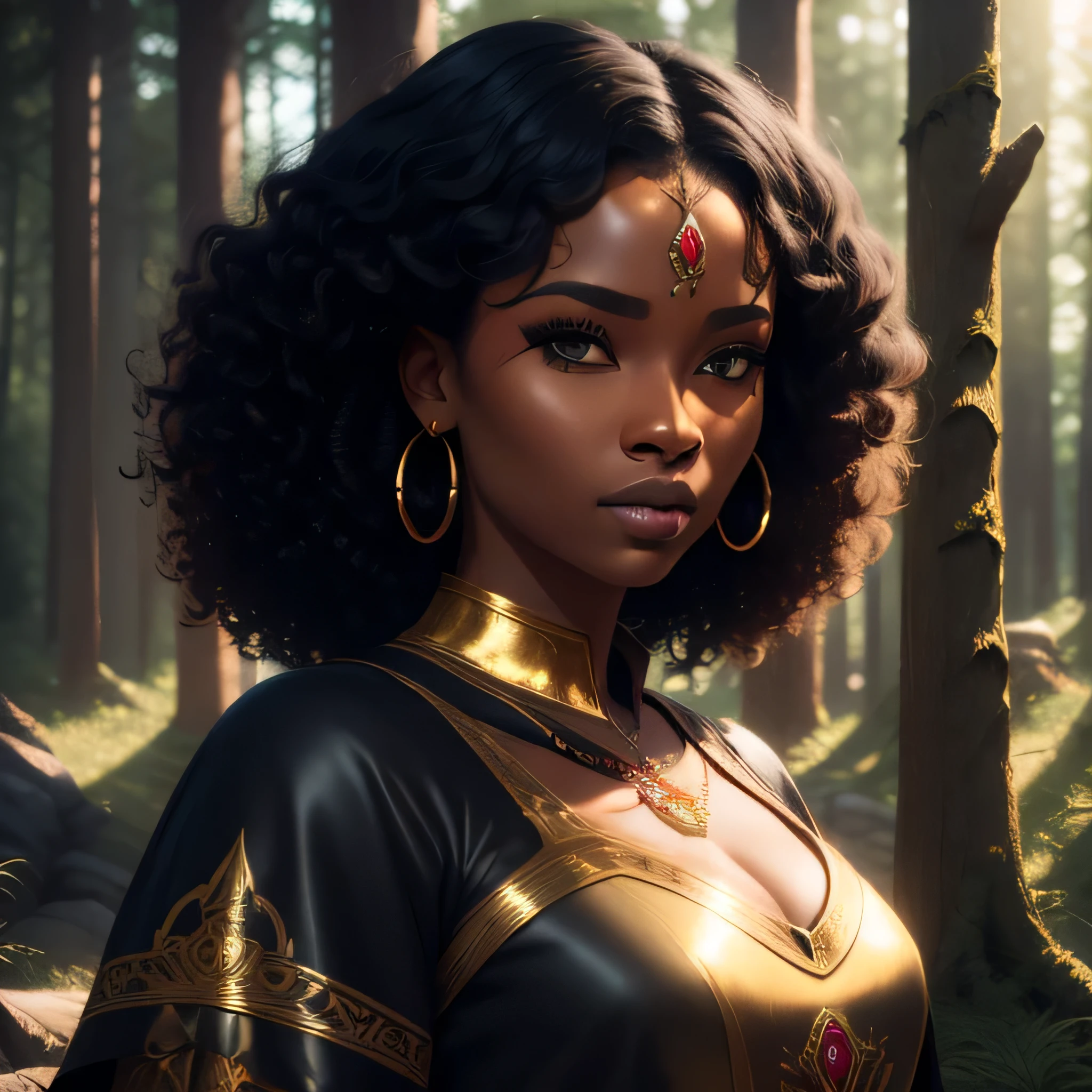 femme, very black skin, africain, symmetrical face, black curly hair curly hair, golden eyes, back, corps entier , portrait, ceda clothes, bijoux lumineux, dynamic light, medieval forest landscape, HD, 8k, TN-RpgGameGirl