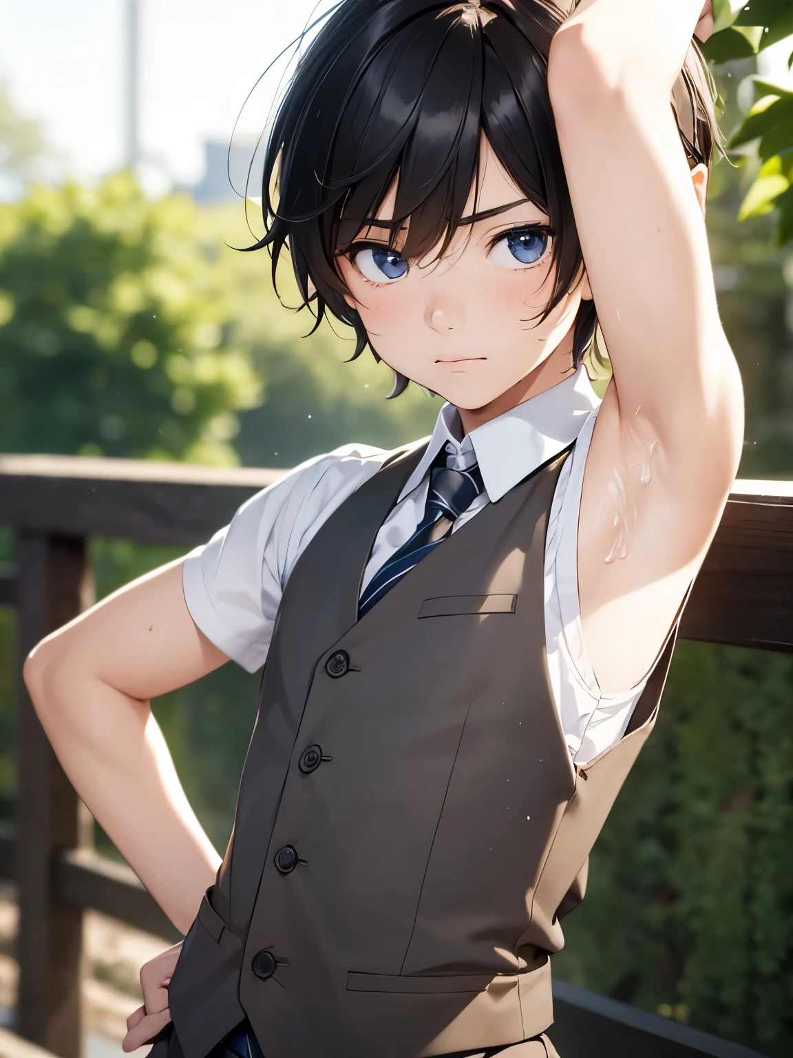 Highres, Masterpiece, Best quality at best,Best Quality,hight quality, hight detailed, 1boy, Boy, Elf boy, Elf ear, Messy hair, Side bangs, Shota, Sweat, Sleeveless vest, Tie, Glove, Depth of field, Anime screencap style, thin line, Seen from the front, Little sweat, forest tample, Cute boy, (Showing armpit:1.3), (very small and short stature), (very young boy), s, Blurry and simple beckground, bokeh, Uhd