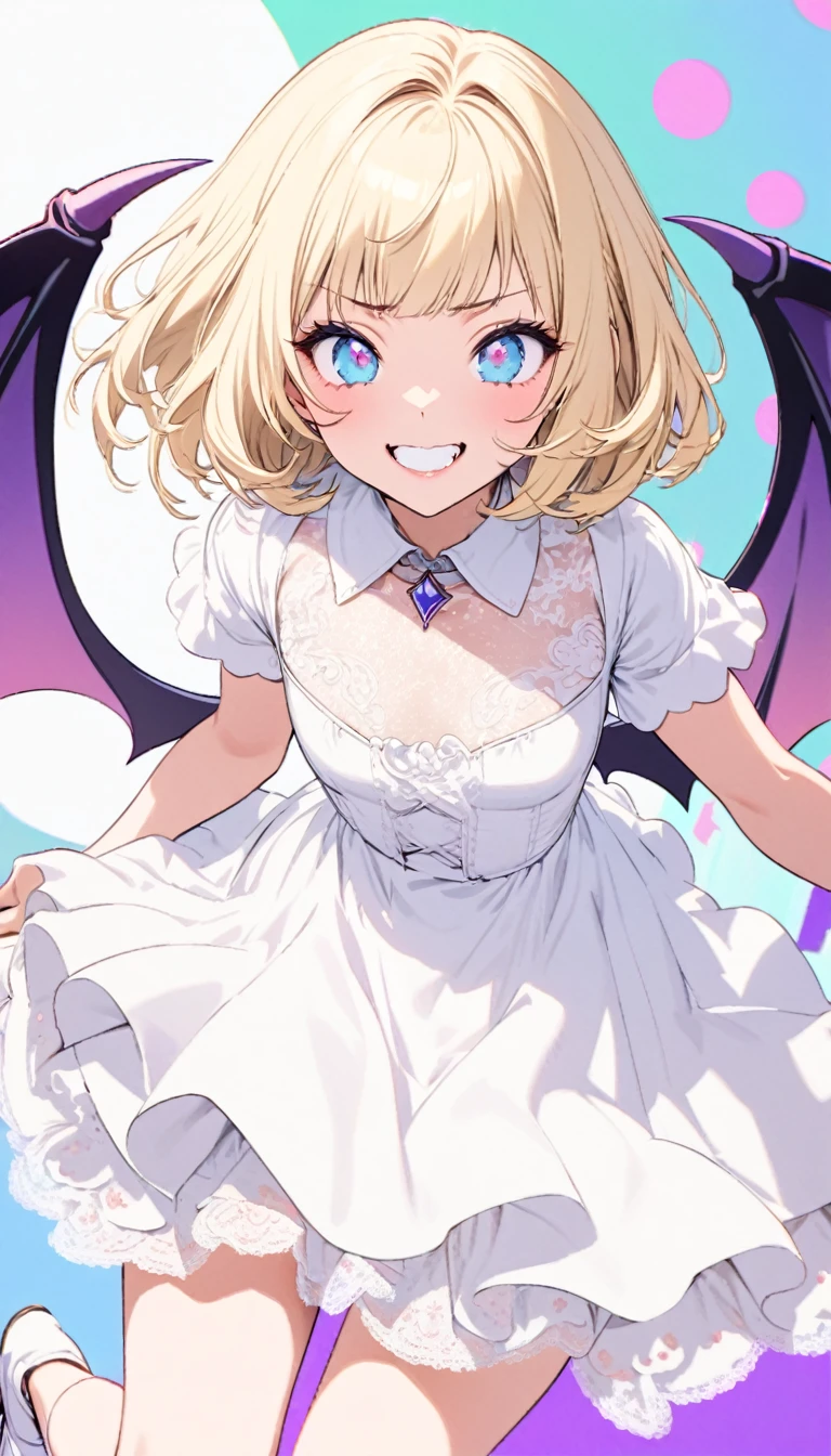 best quality, super fine, 16k, incredibly absurdres, extremely detailed, delicate and dynamic, cute and beautiful pretty vampire, big blue eyes, grin, blonde short messy wavy bob cut and bangs, captivating look, aroused expression, wearing white dress with white lace and frills, white short boots, superlative body proportion, big purple wings like a devil or bat, red glossy lips, background on a white cloud and pastel colored dots, pop art