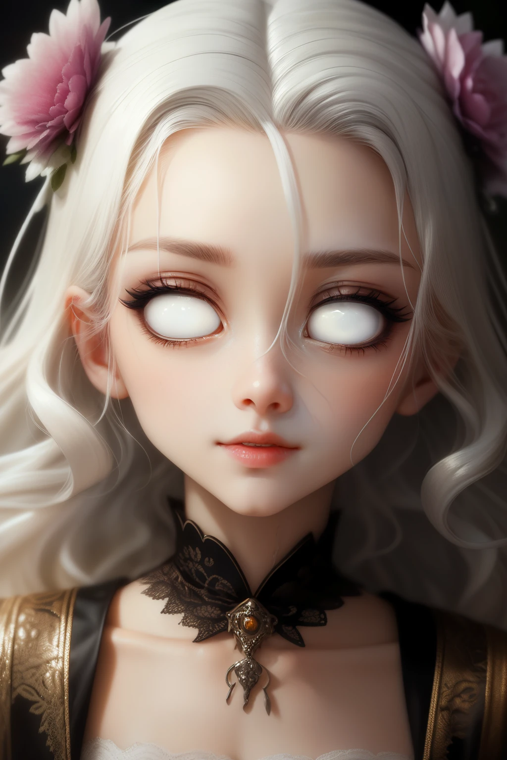 (This is a beautiful fantasy image that feels interesting.) Generate a (blind) decora Harajuku woman with curly hair and milky white eyes. Her face is important should be perfectly formed with puffy lips and perfect features. (Her eyes are important and are blank white and solid white.) Her clothing is colorful and torn, giving the appearance of a zombie apocalypse. Utilize dynamic composition to create a compelling and interesting image that appeals to viewers. Use dramatic lighting and cinematic lighting to enhance the overall quality of the image. Fantasy, cute, colorful, compelling, energetic, (shirome eyes:1.3), (smirking), ((no pupils)), ((no irises)), ((((blank eyes, empty eyes))))