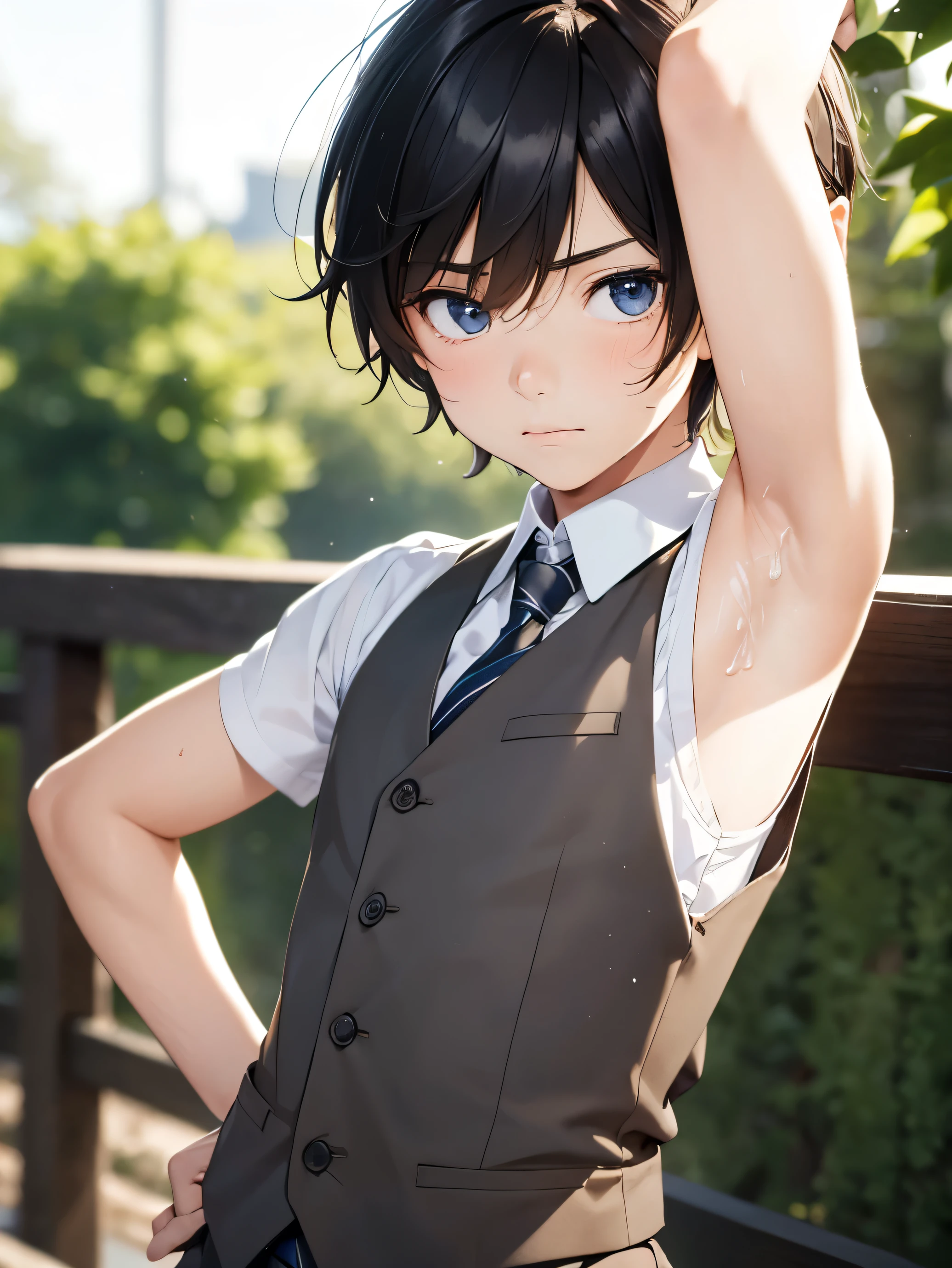 Highres, Masterpiece, Best quality at best,Best Quality,hight quality, hight detailed, 1boy, Boy, Elf boy, Elf ear, Messy hair, Side bangs, Shota, Sweat, Sleeveless vest, Tie, Glove, Depth of field, Anime screencap style, thin line, Seen from the front, Little sweat, forest tample, e boy, (Showing armpit:1.3), (very small and short stature), (very young boy), 12-ar-boys,urry and simple beckground, bokeh, Uhd