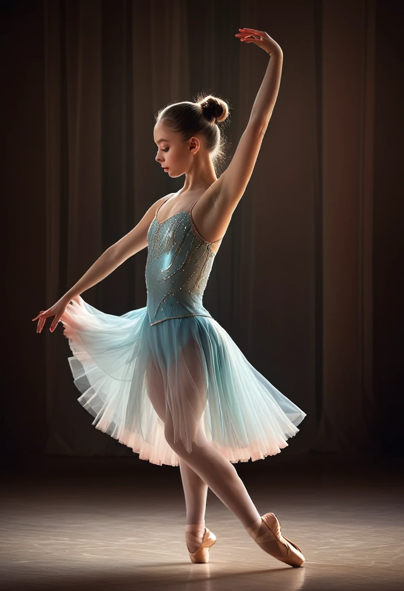 A gracefully twirling ballerina, her movements captured within a transparent crystal orb. The dancer's delicate form is a vision of elegance and poise, her porcelain skin reflecting the soft light that surrounds her. The precision of her arabesques and pirouettes is frozen in time, a mesmerizing sight that gives off a sense of ethereal beauty. This image, whether a painting or photograph, radiates a sense of enchantment and artistry that captivates the viewer's gaze.

