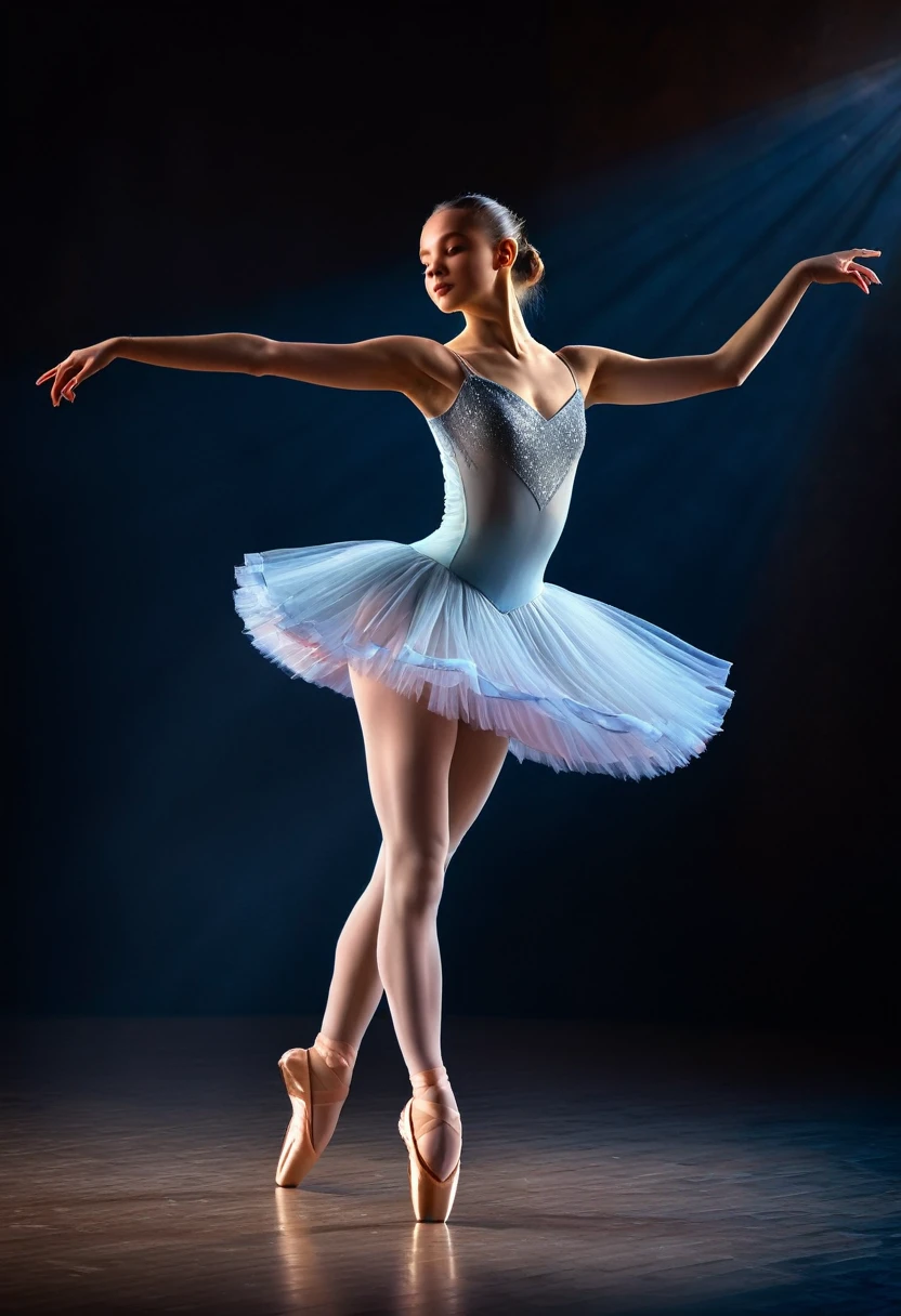 (best quality,highres,ultra-detailed,realistic:1.2),a beautiful girl dancing in a ballet costume and pointe shoes,illustration,detailed ballet movements,graceful posture,vibrant colors,soft and warm lighting,subtle shadows,professional ballet performance,ethereal atmosphere,flawless technique,romantic mood,detailed tutu,expressive facial features,long flowing hair,delicate ballerina,sublime elegance,subtle stage backdrop,jaw-dropping performance.