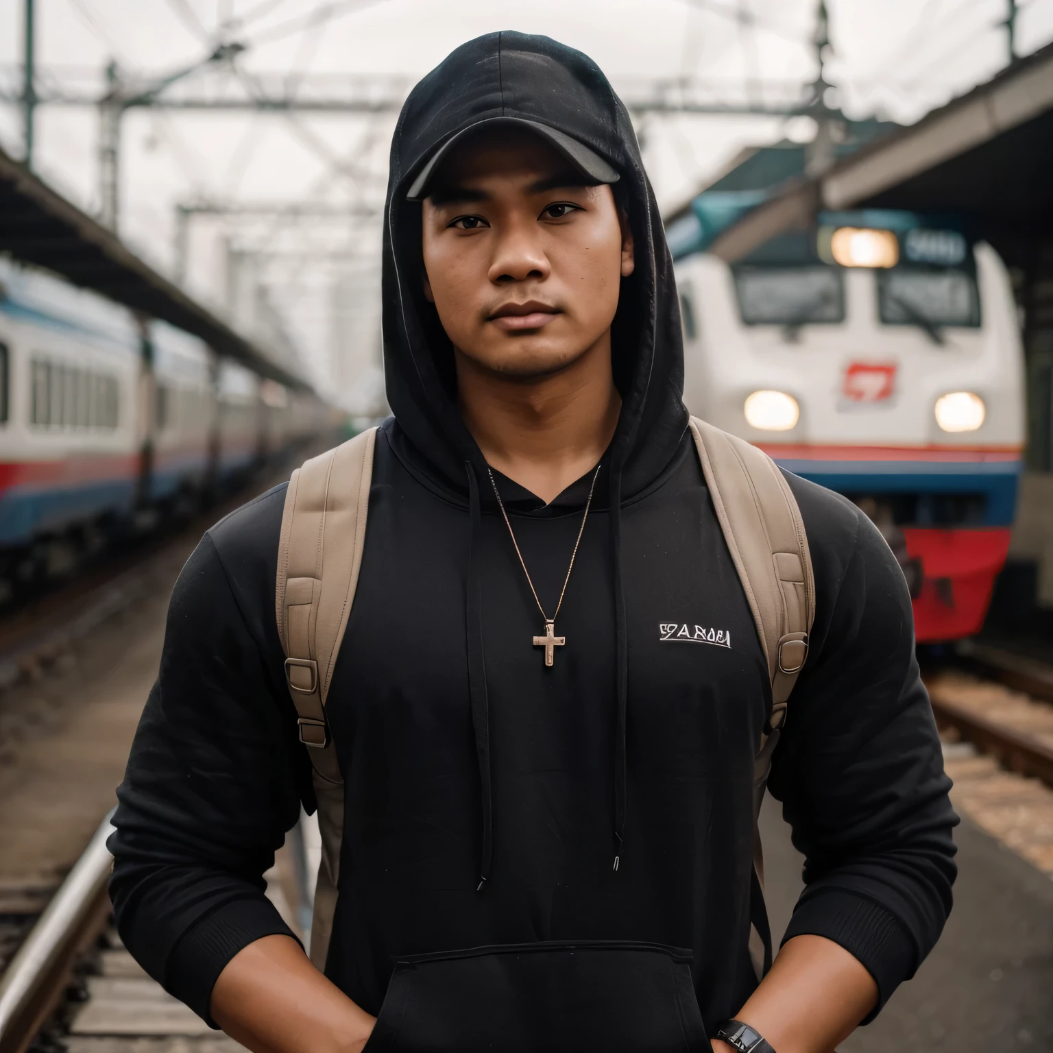 Candid photo of a 30 year old indonesian man, kinda fat muscle, nature skin, very short hair, wearing a hoodie and cap and wearing cross necklace, in the peron, train and railway background, in the afternoon, photography