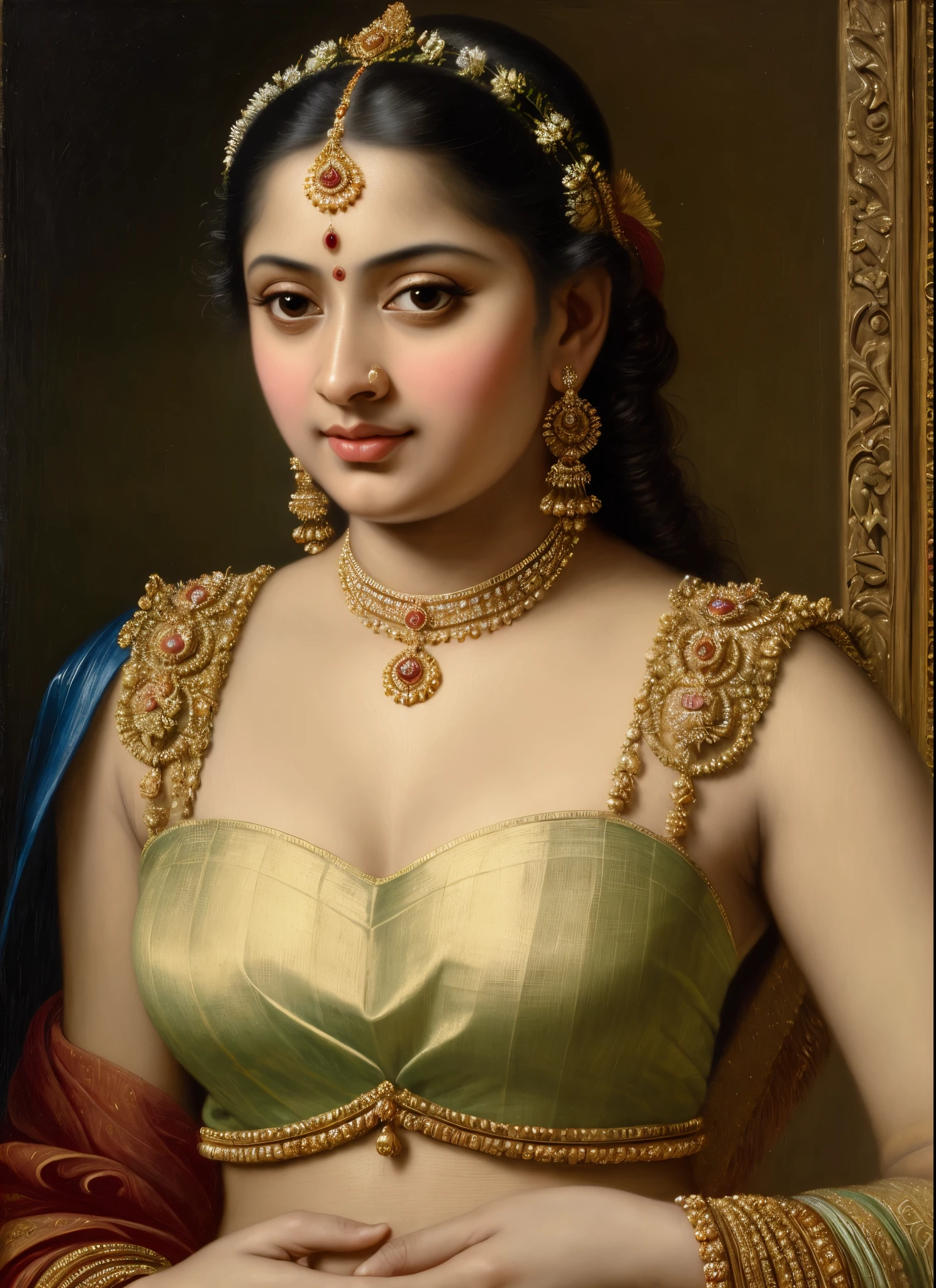 Beautiful Indian Woman, wearing saree, sari Beauty, gorgeous, Apsara, Maharani, royal queen woman, nymph from Hindu Mythology, Urvashi, matchless beauty, Highly detailed, Oil Painting by Peter Paul Rubens inspired by Raja Ravi Varma, Matchless beauty, captivating, gorgeous, heavenly beauty, celestial beauty, by Peter Paul Rubens, 13, realistic, hyper realistic, micro details, incredible artwork, insane details, ultra High resolution, 8k, 32k, acrylic on canvas, intricate, flawless, detailed, detailed face, detailed eyes, masterpiece, by Peter Paul Rubens, by Caravaggio, by William Adolphe bouguereau, perfect face, perfect body, beautiful art, realism, baroque, renaissance Art, highly textured, beautiful and detailed eyes, uhd, best quality,

