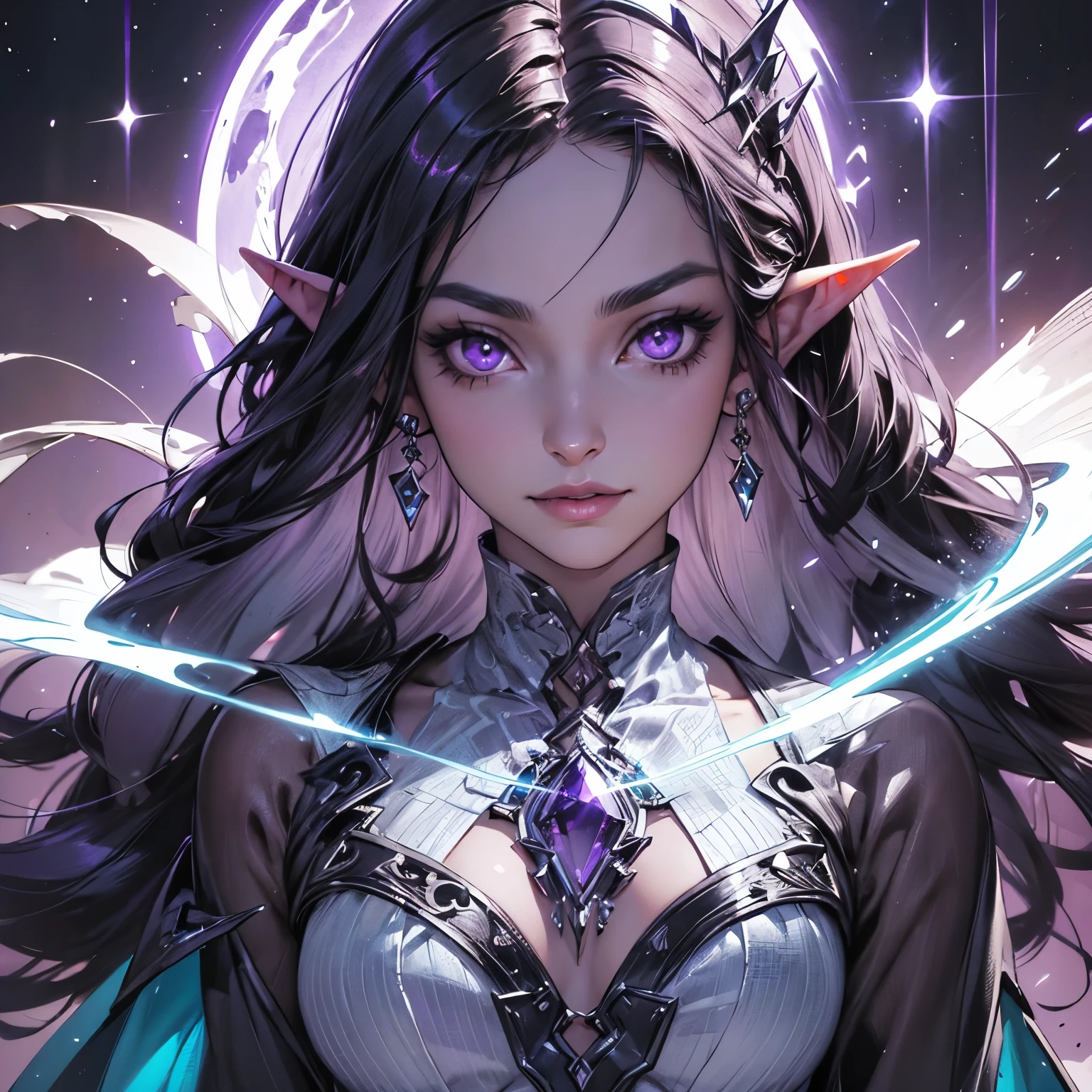 portrait of a dark elf, dark skin, medium length pointy ears, moonlight particals, moonlight aura,(shiny purple eyes:1.2), (silver flowing hair:1.3),light cold smile, cold face, sexy Romanian style costume,( silver jewelry), purple glowing tattoos, mature body,Detailed,Realistic,4k highly detail,by Mappa studios,masterpiece,best quality,official art,illustration,ligne claire,(cool_color),perfect composition,fantasy,focused,rule of third