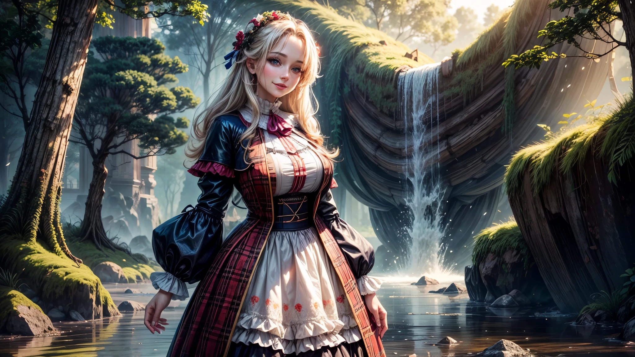 Beautiful woman, 8k, standing, big brests, Joyful colors of clothes, in nature, looks at you, smiles mysteriously, her eyes look straight at you