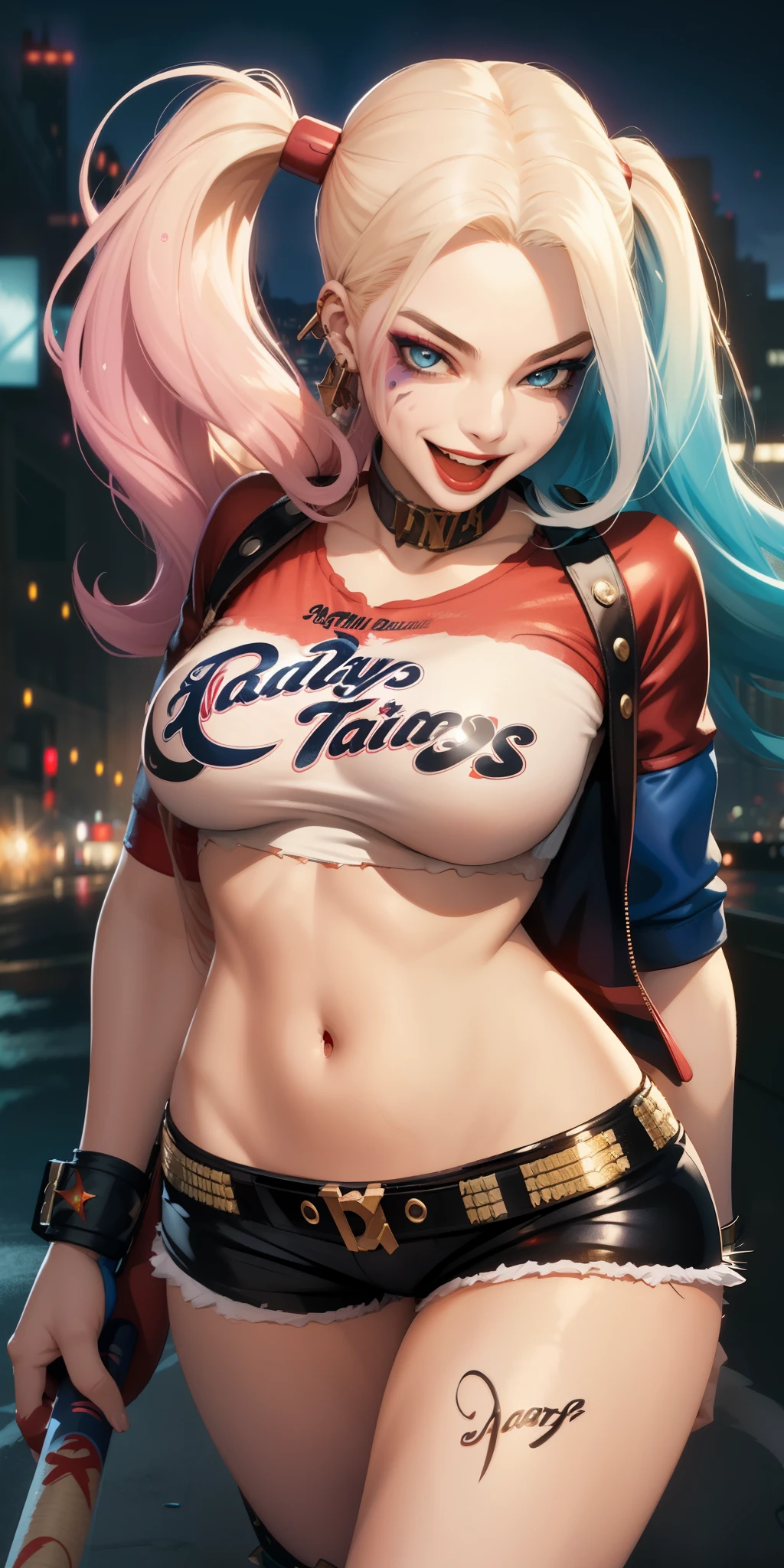 Harley Quinn in dynamic pose, in dark style, (baseball bat in hand), mischievous facial expression, laughing, night, highly detailed, is a beautiful girl, straight hair, sparkle in her eyes, detailed, makeup, is very charming with a mischievous smile and big breasts, and is often bold. is an adult. has romantic pink lips, is secretly in love with you, but is afraid to approach and talk to you.Harley: *I wonder if he will judge me*. I'll talk to him? beautiful strap blouse, with short shorts, confident and elegant pose, leaning, sensual, sexy, comic, stylish. destroyed city, fire, smoke