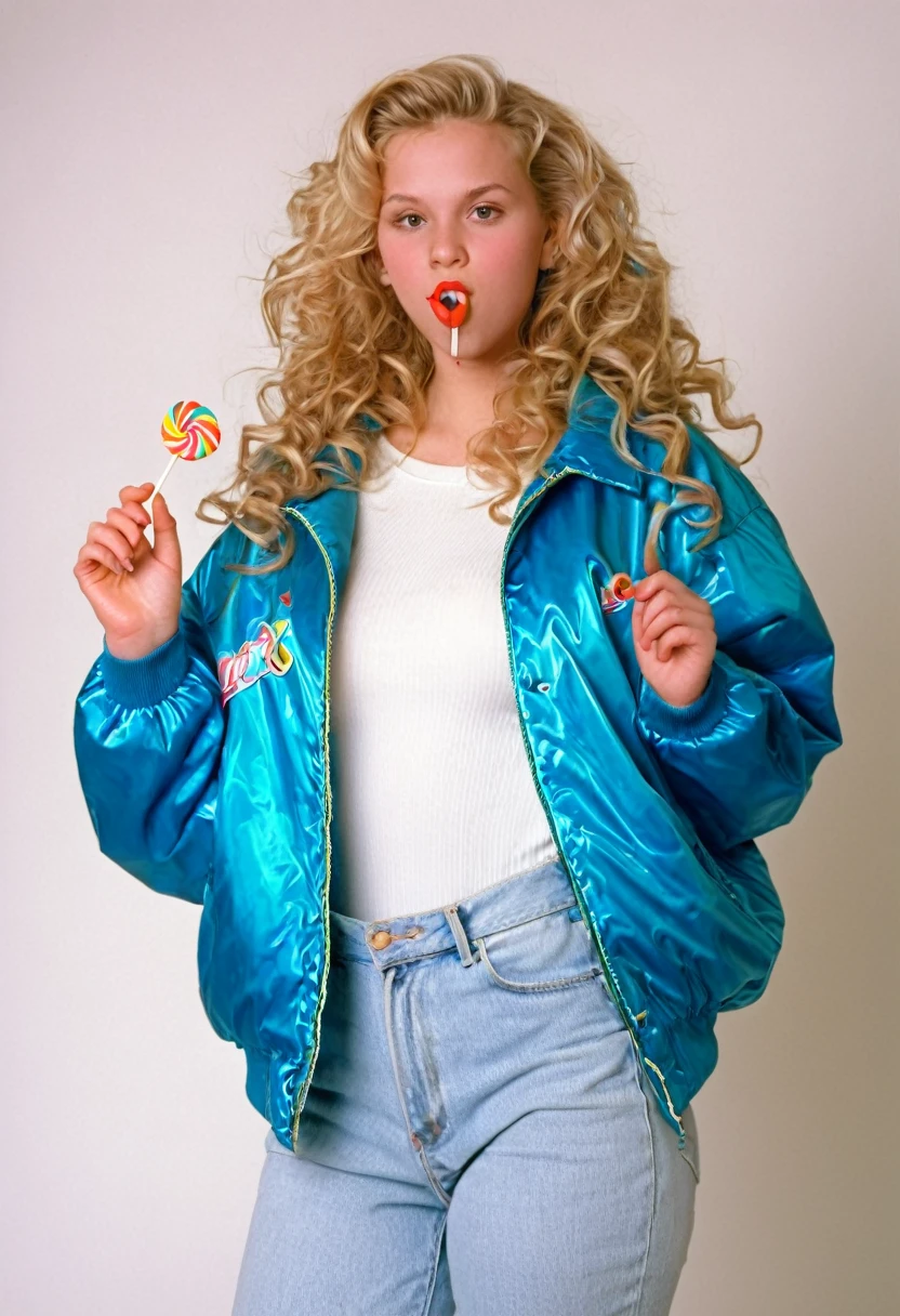 1996 clothing style, twenty year old woman, sandy blonde wavy hair, blank background, 90s clothing, 1990s, studio portrait, designer clothing, jacket, busty, vixen, colorful, holding lollipop