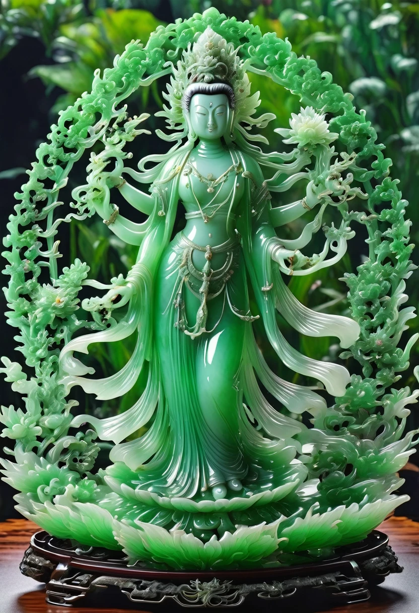 best quality, very good, 16K, ridiculous, Extremely detailed, Gorgeous transparent jadeite thousand-handed female bodhisattva, Background grassland（（A masterpiece full of fantasy elements）））， （（best quality））， （（Intricate details））（8k）