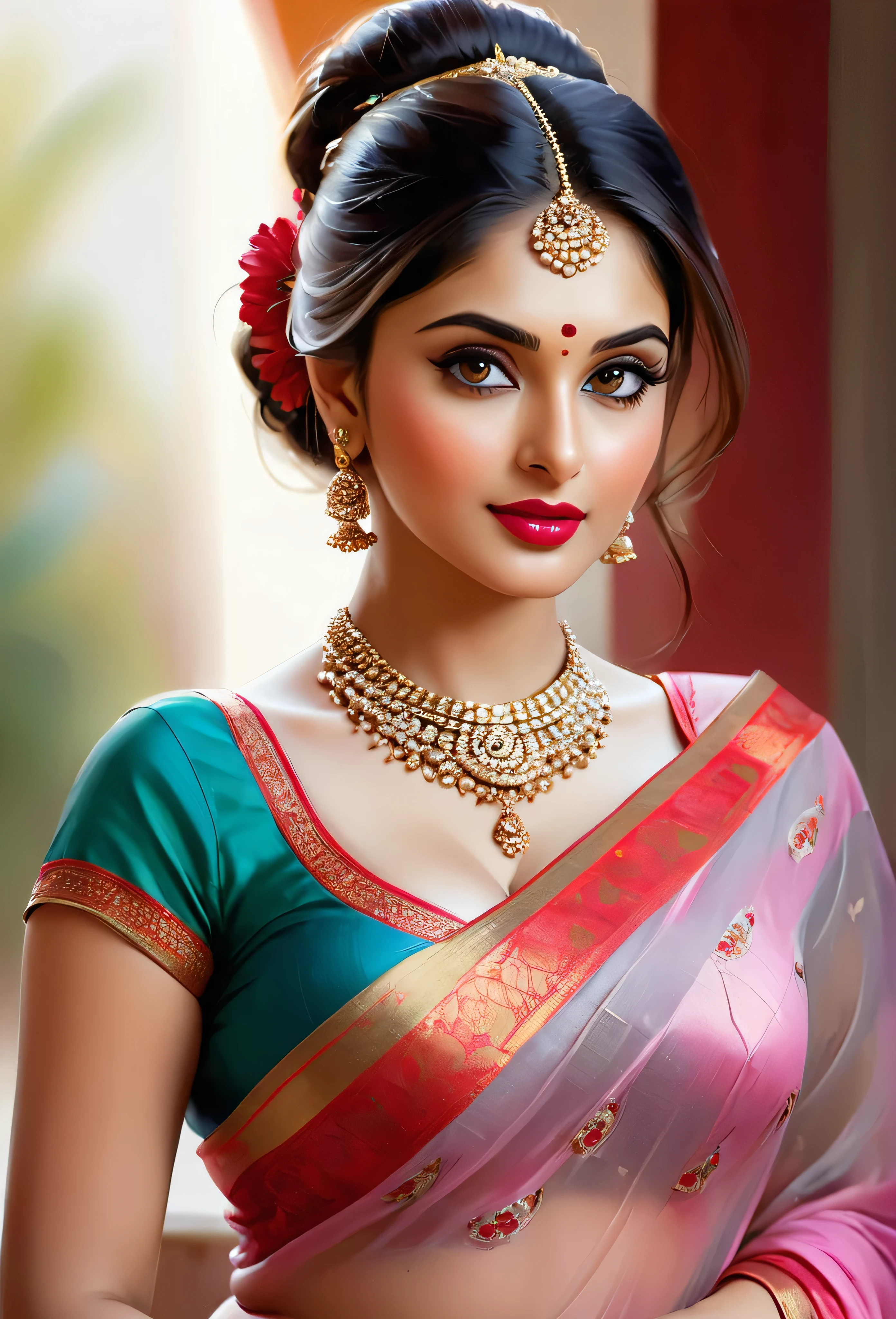 perfect pink eyes, fantastic face, Indian, beautiful look, ((red lips, bright eyes, curve heir 1.5)), ((beautiful details very big breast )), (Straight round and ultra huge clevage, not sagging breast), A glorious gorgeous, glorious gorgeous face, pretty face, bright eyes, detailed elegant printed red saree, updo elegant hair, blurred gray tones background, ultra focus, face ilumined, face detailed, 8k resolution, painted, dry brush, brush strokes, razumov style and garmash style, by Tokaito,  ((Full Open )), full body, sexy open thin belly, 