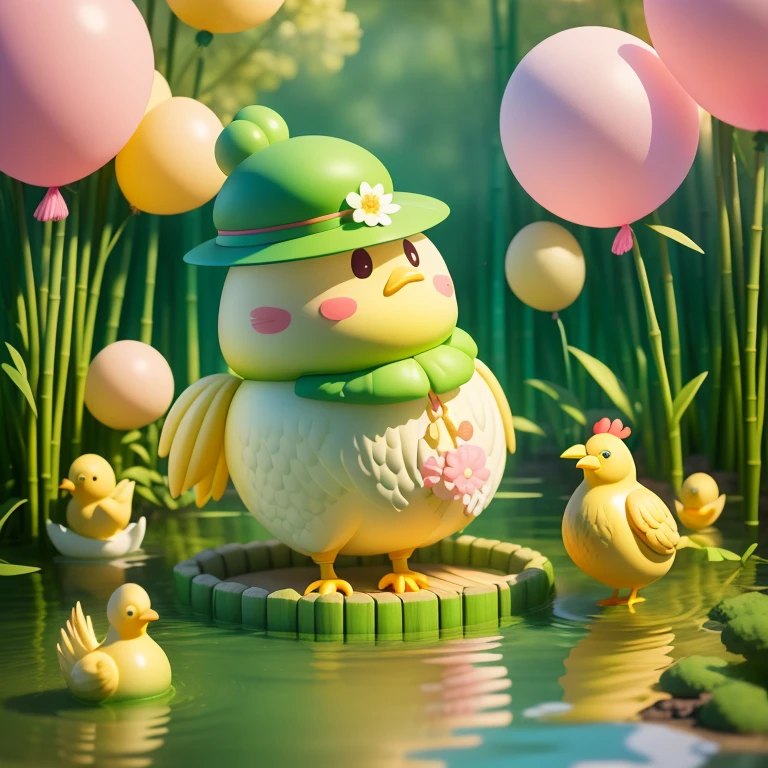 (masterpiece),(highest quality),(Very detailed), (whole body:1.2), Yellow Chicken,Rounded body,  Floating on water, bamboo forest, cute, mascot, Flowers, Outdoor, blush, Colorful balloons, wood, :3, cherry blossoms, Green hat, Blurred, blush stickers, (Beautifully detailed face), (Beautiful fine details), 