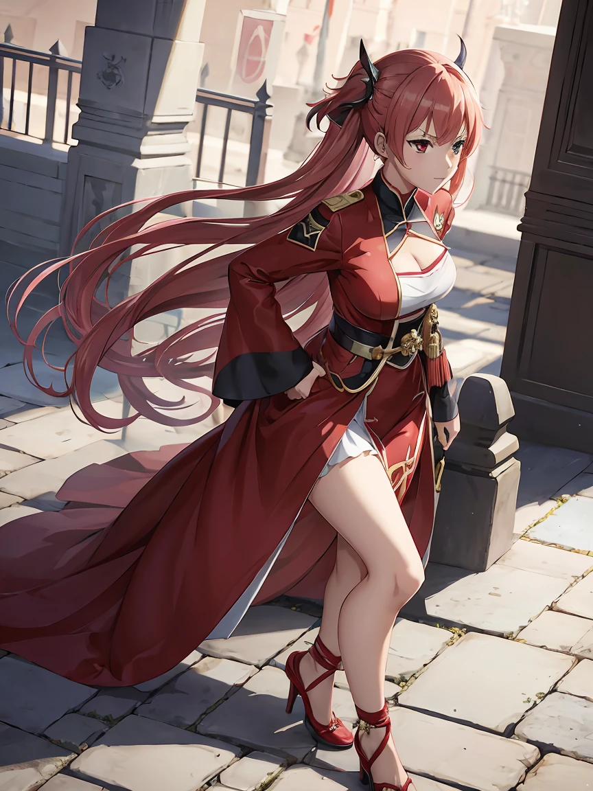 anime girl en robe rouge tenant une épée et portant des talons hauts, Ayaka genshin impact, Ayaka jeu genshin impact, du jeu vidéo Azur Lane, cushart krenz art key female, female protagonist 👀 :8, uniforme rouge, style voie d'azur, tenue cramoisie, style anime comme le destin/passer la nuit, robe ornée de rouge et d'or