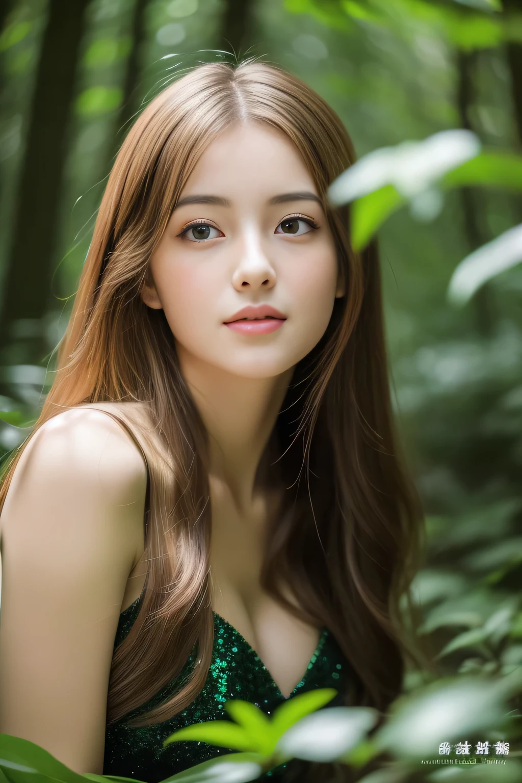 (masterpiece、high resolution、high quality)、A beautiful girl lost in the depths of a virgin forest:1.2、gravure、Realistic supermodels、double eyelid、Sparkle in the eyes、Beautiful Skin、Beautiful limbs、drop、Mystery、spirituality、Professional photos、