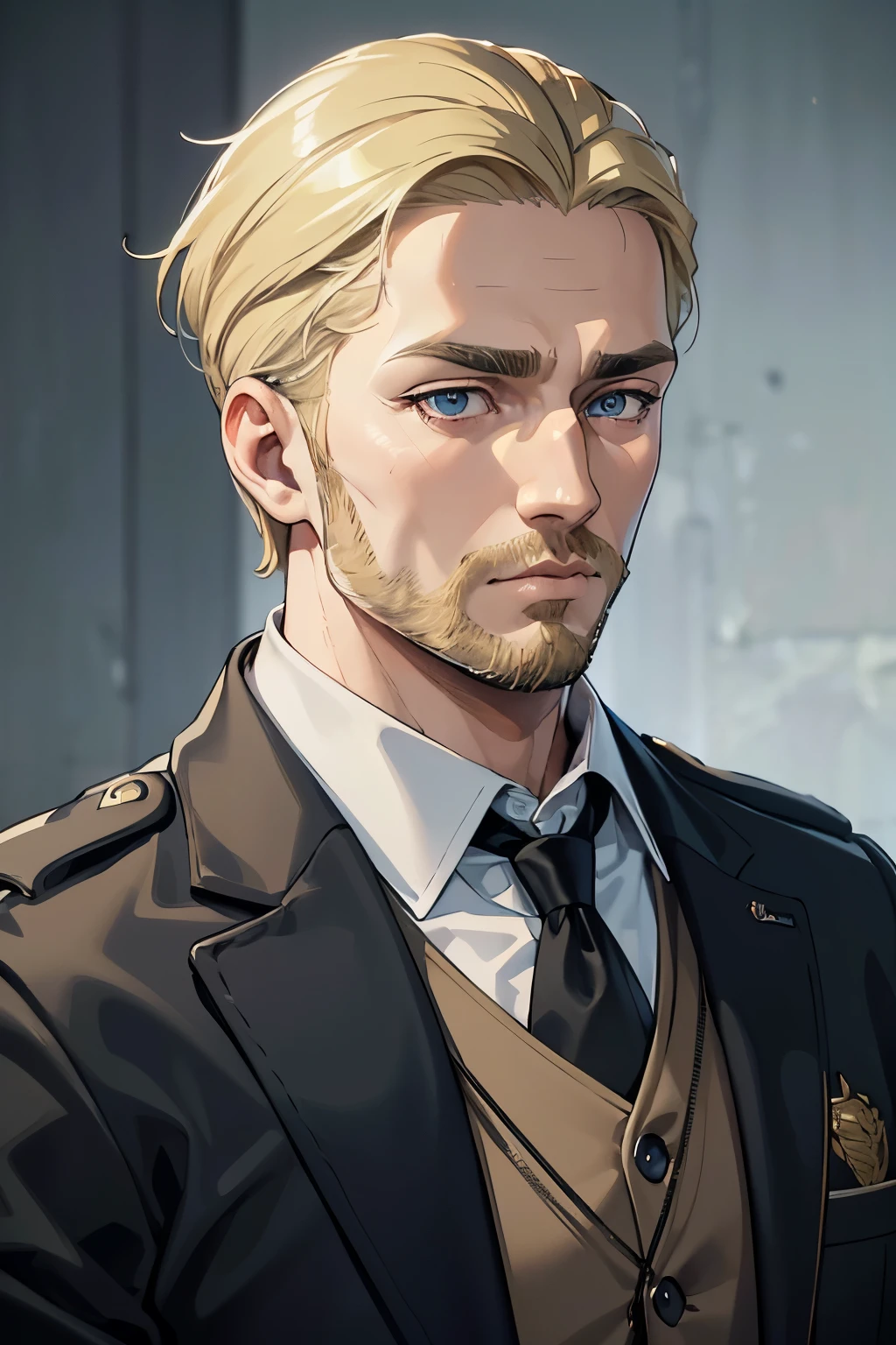 masterpiece, best quality, 1man, blonde hair, blue eyes, beard, police uniform, short hair, old, mugshot, sad, detailed eyes, detailed facial features, realistic and high resolution (best quality, 4k, 8k, highres, masterpiece:1.2)