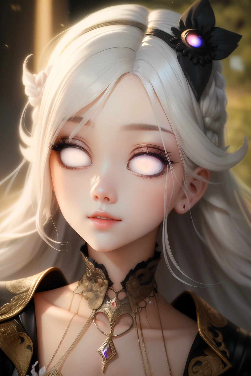 (This is a beautiful fantasy image that feels interesting.) Generate a (blind) decora Harajuku woman with curly hair and milky white eyes. Her face is important should be perfectly formed with puffy lips and perfect features. (Her eyes are important and are blank white and solid white.) Her clothing is colorful and torn, giving the appearance of a zombie apocalypse. Utilize dynamic composition to create a compelling and interesting image that appeals to viewers. Use dramatic lighting and cinematic lighting to enhance the overall quality of the image. Fantasy, cute, colorful, compelling, energetic, (shirome eyes:1.3), (smirking), ((no pupils)), ((no irises)), ((((blank eyes, empty eyes))))