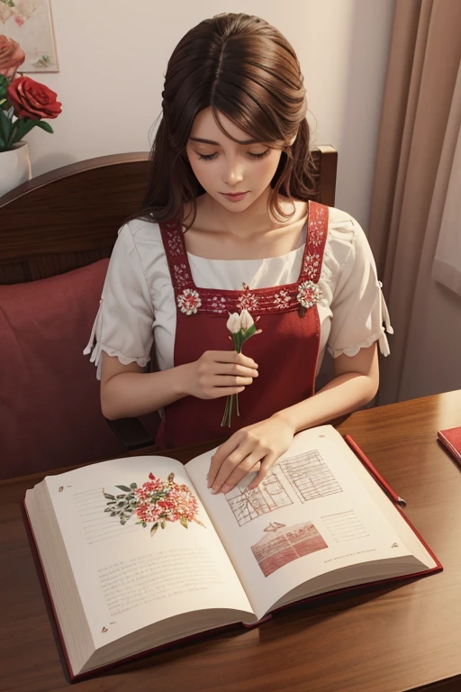 Una libreta en 3D, portada con flores rojas, una mano simulando esta dibujando,.la flor