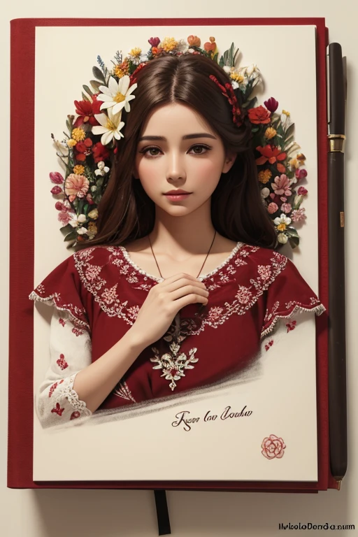 Una libreta en 3D, portada con flores rojas, una mano simulando esta dibujando,.la flor