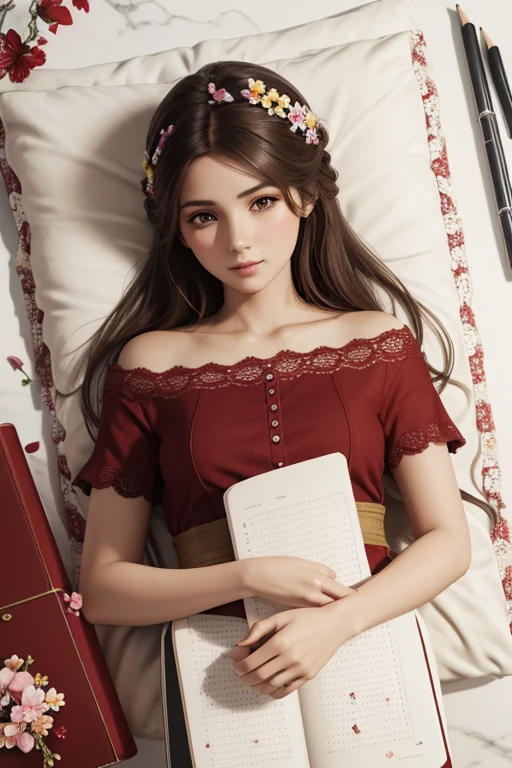 Una libreta en 3D, portada con flores rojas, una mano simulando esta dibujando,.la flor
